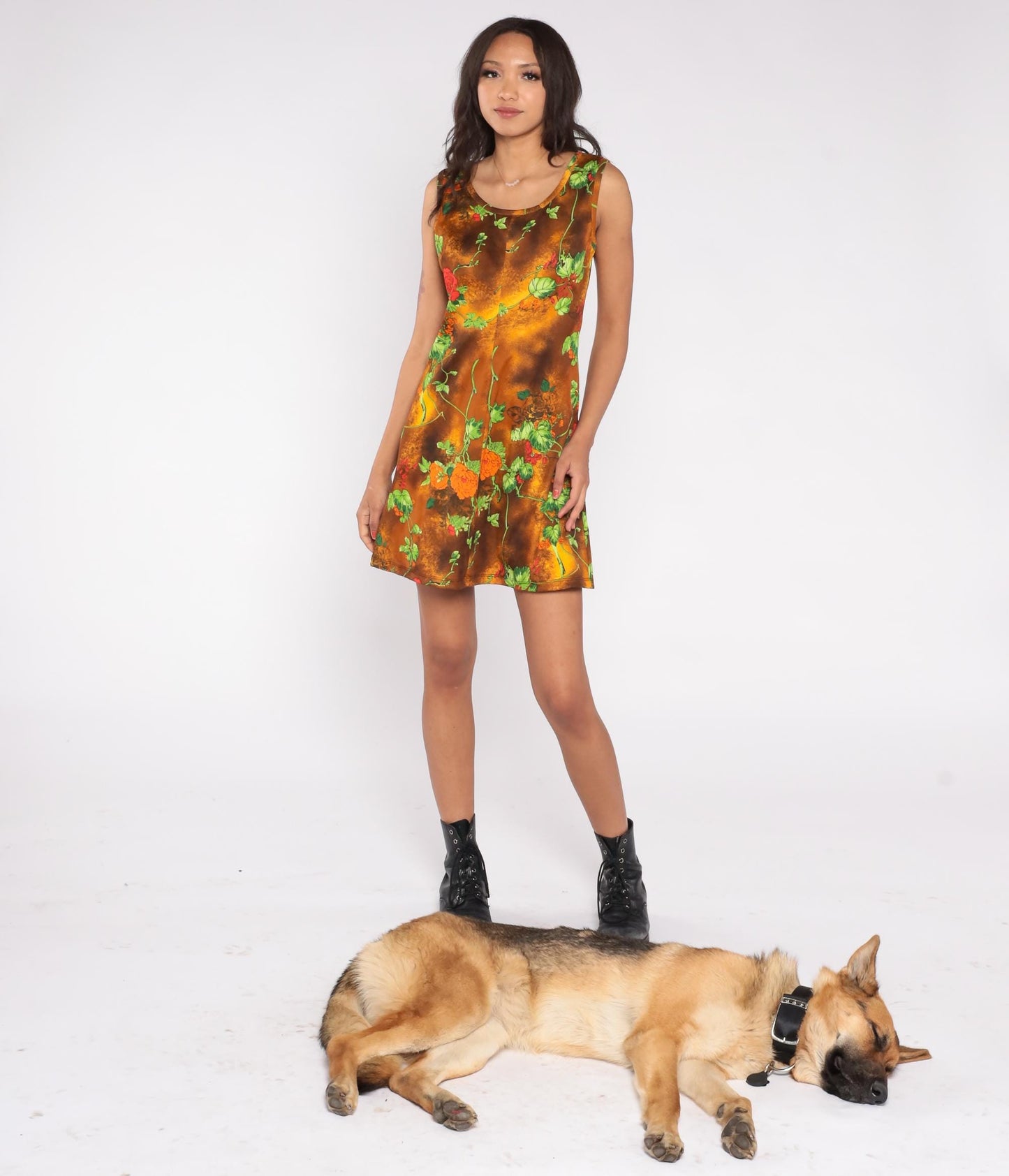 70s Floral Mini Dress Burnt Orange Rose Print Shift Sleeveless Medium