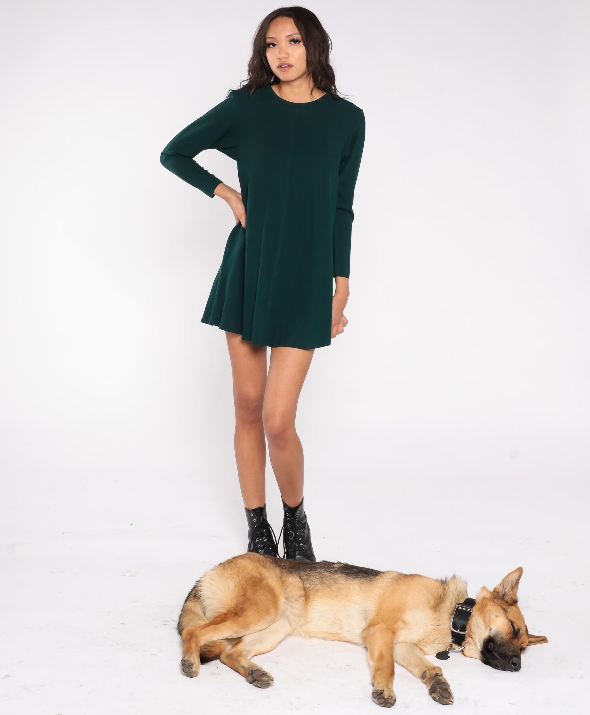 90s Forest Green Wool Blend Mini Dress Long Sleeve A-Line Back Zipper Small