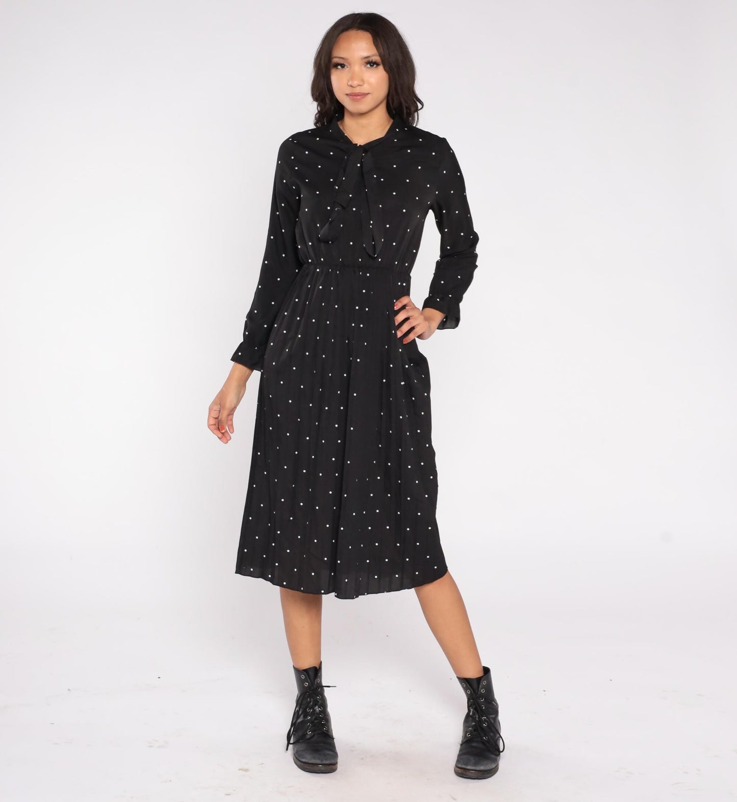 Y2K Black Polka Dot Midi Dress White Dots Pussy Bow Long Sleeve Medium