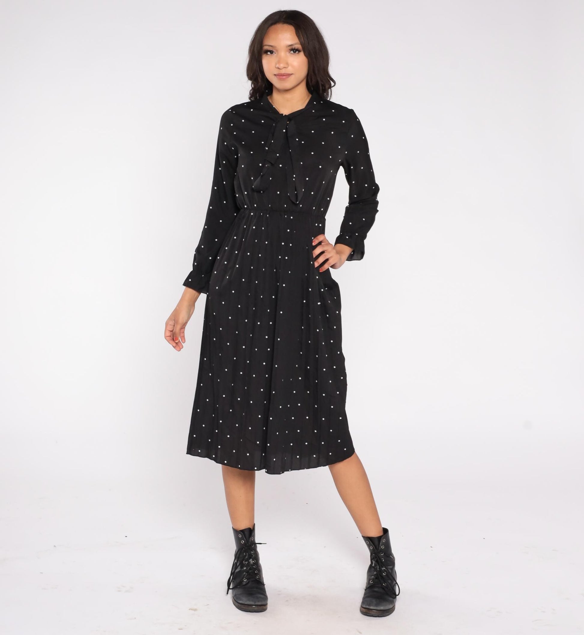 Y2K Black Polka Dot Midi Dress White Dots Pussy Bow Long Sleeve Medium