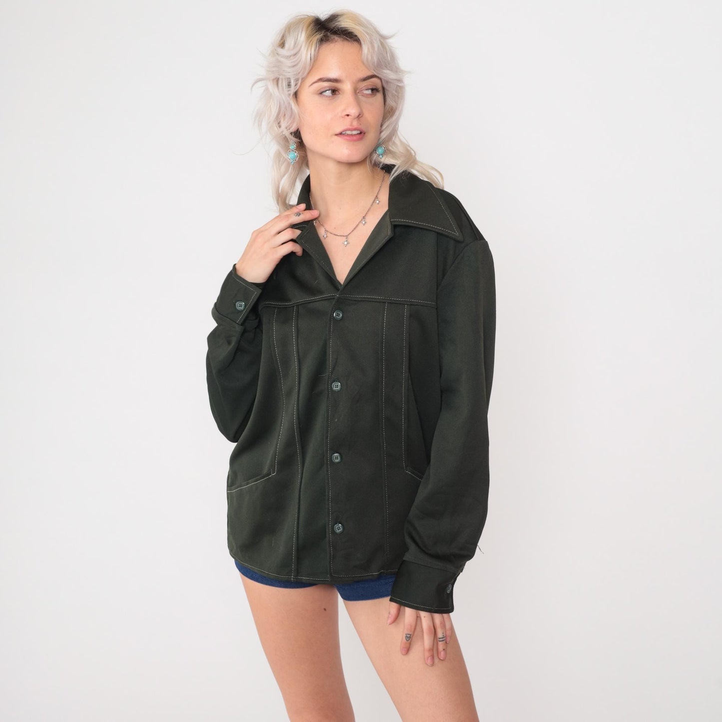 70s Wrangler Olive Green Shacket Button Up Shirt Jacket Large L