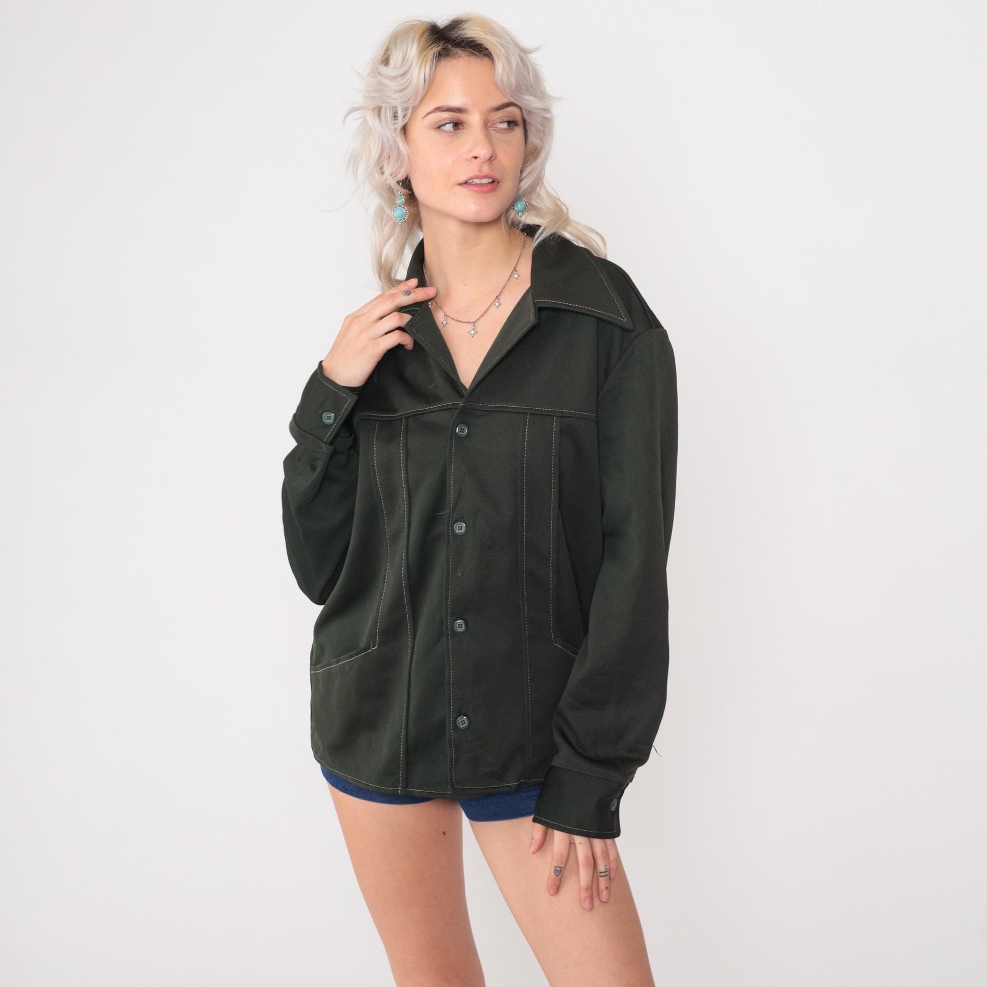 70s Wrangler Olive Green Shacket Button Up Shirt Jacket Large L