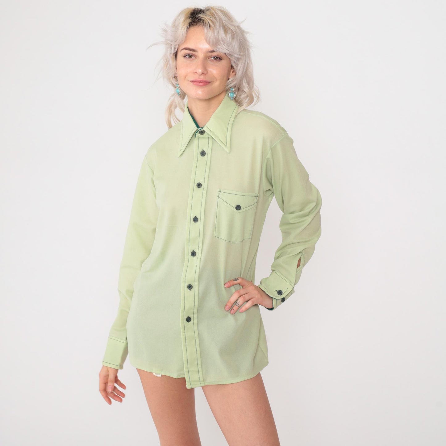70s Mint Green Button Up Shirt Long Sleeve Collared Men's Large
