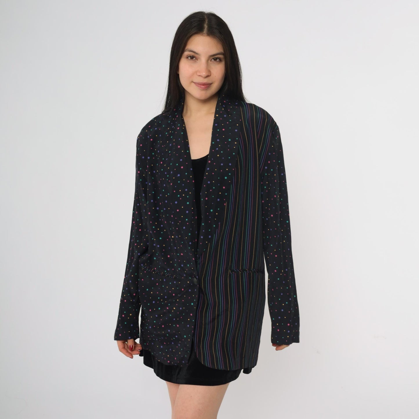 80s Columbus Circle Blazer Black Multicolor Dot Stripe Single Button Medium