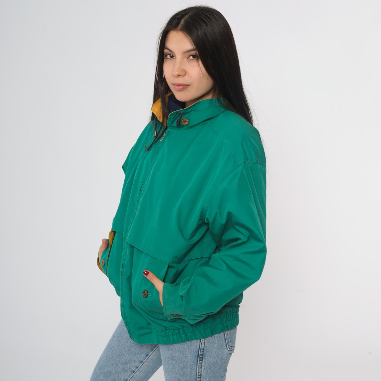 90s London Fog Green Nylon Windbreaker Jacket Stand Collar Medium M