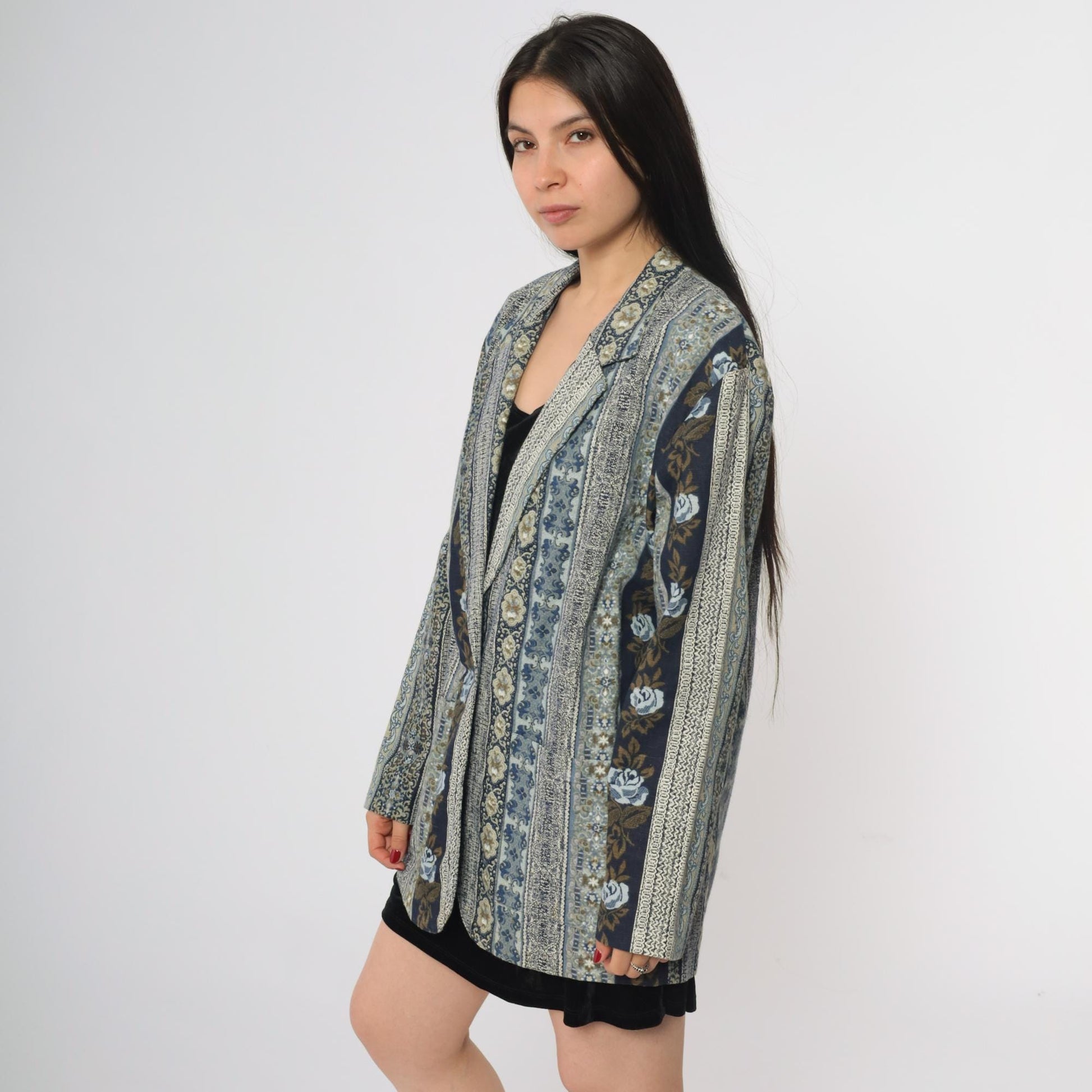 90s Judy Knapp Floral Tapestry Blazer Blue Cotton Linen Blend Single Button Large L
