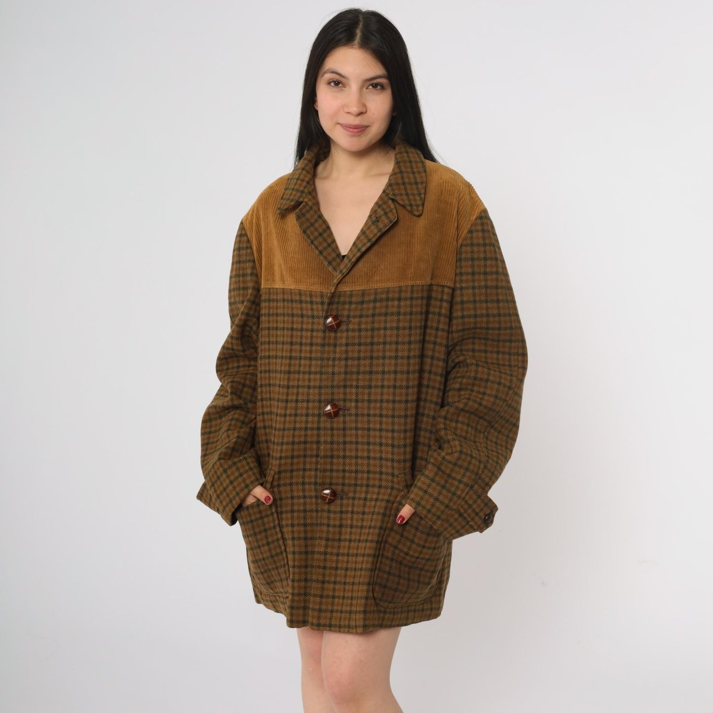 70s Brown Plaid Wool Blazer Corduroy Yoke Jacket Button Front XL