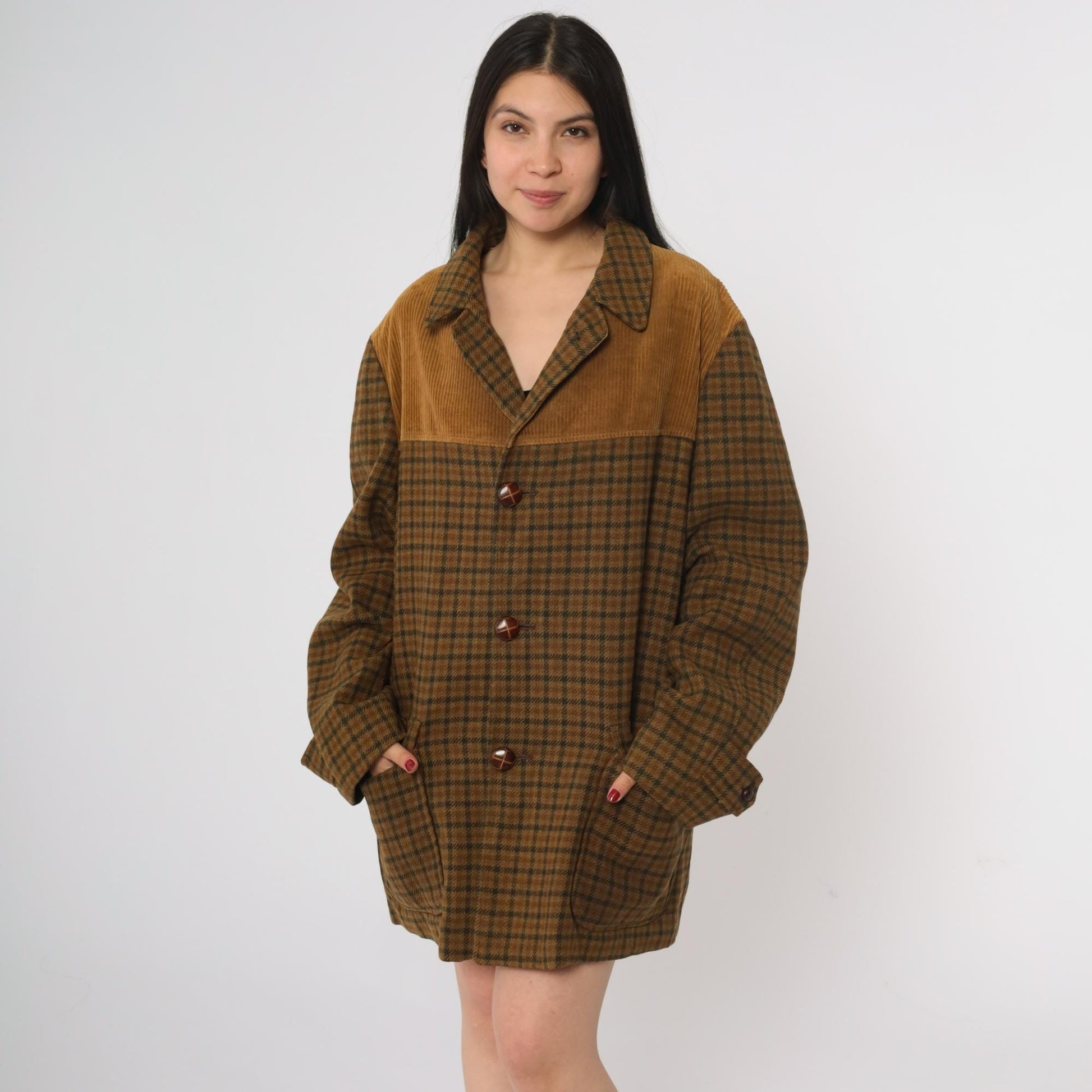 70s Brown Plaid Wool Blazer Corduroy Yoke Jacket Button Front XL