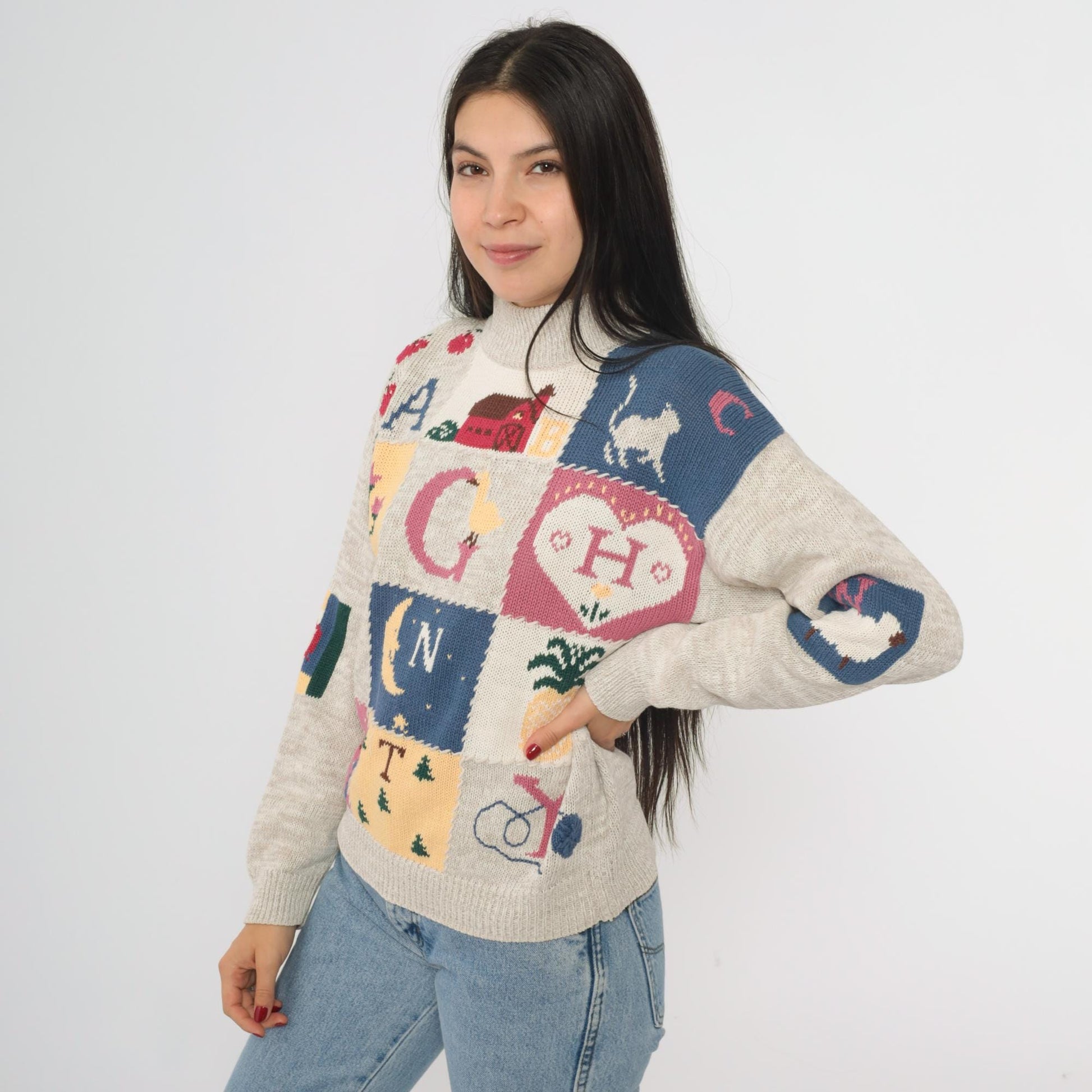 90s Woolrich Alphabet Farm Animal Patchwork Turtleneck Sweater Beige Small S