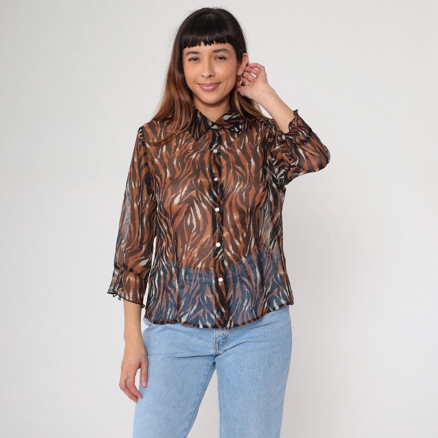 Y2K Tiger Stripe Button-Up Blouse Brown Animal Print Sheer Medium M