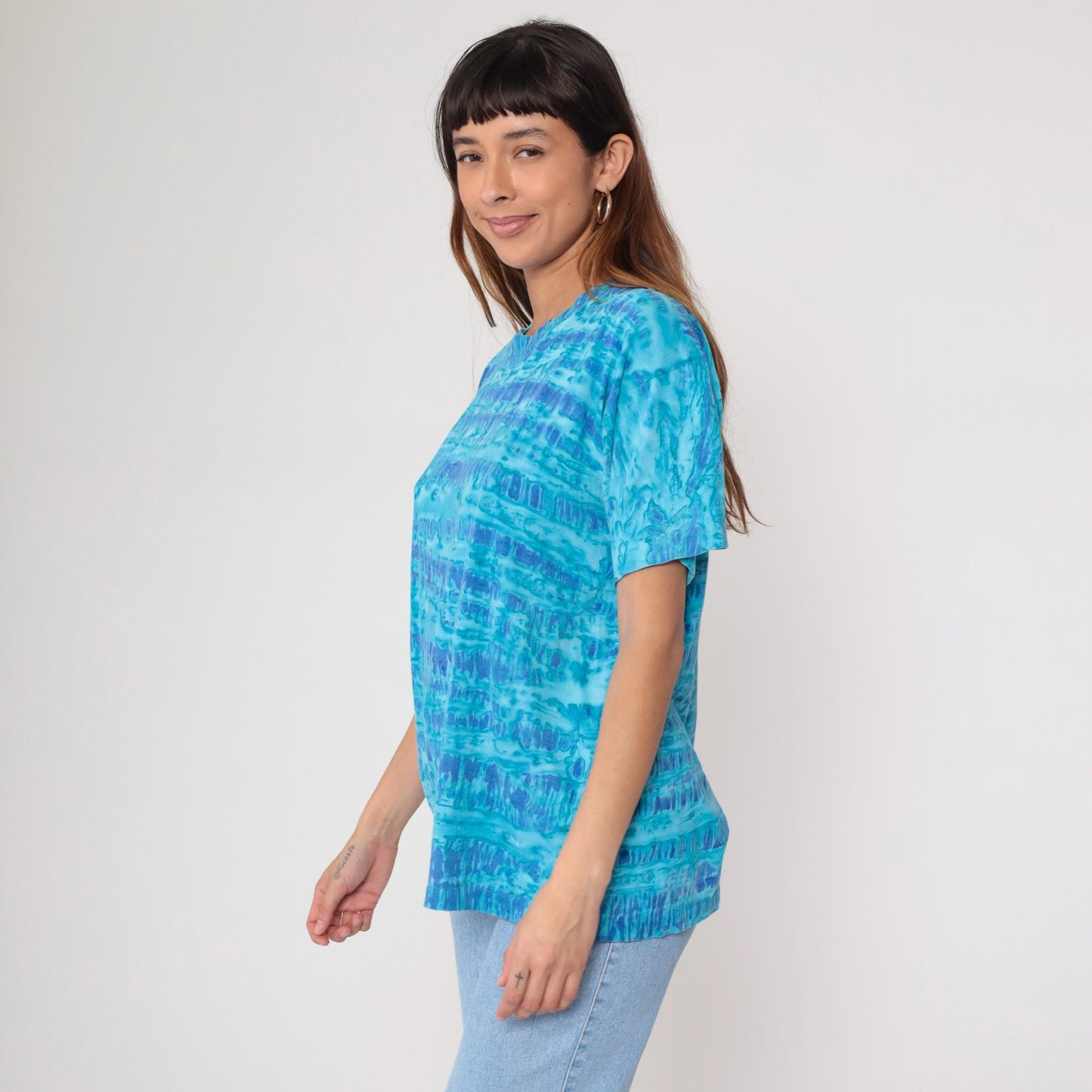 90s Blue Tie Dye Horizontal Stripe Cotton T-Shirt Crew Neck Medium