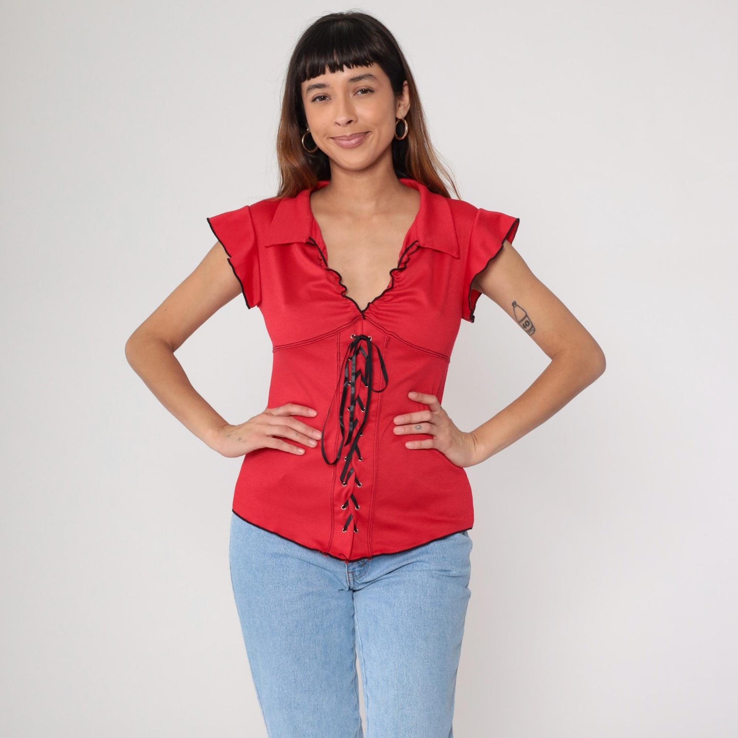 Y2K Red Lace-Up Corset Top Black Trim Ruffle Cap Sleeve Medium M