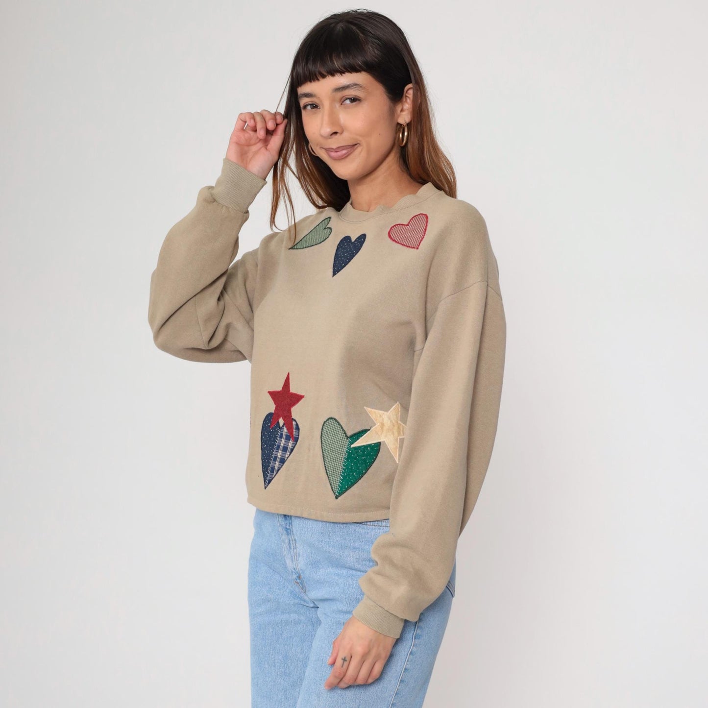 90s Patchwork Heart Applique Cropped Sweatshirt Tan Medium M