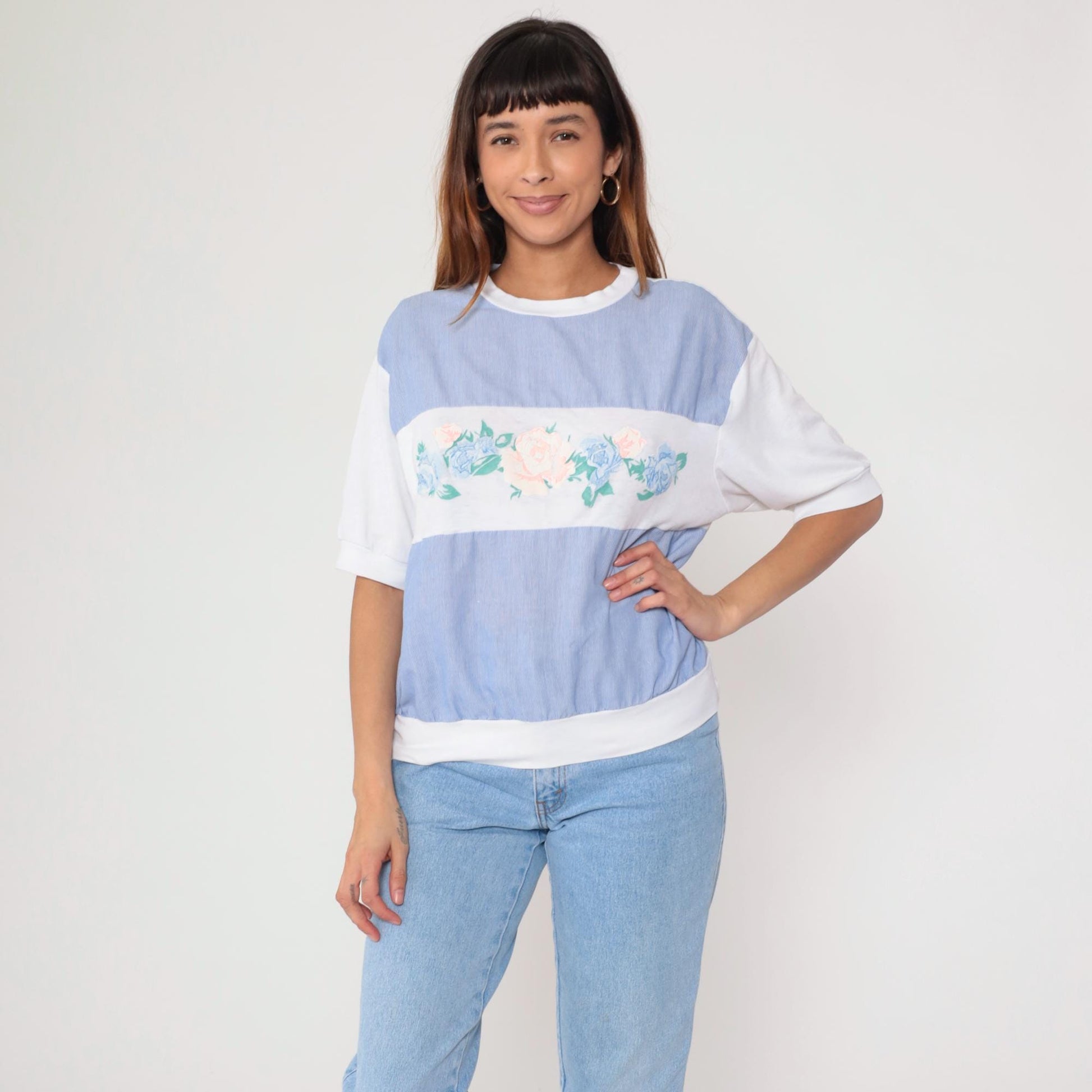 90s Floral Stripe Knit Top White Blue Pink Rose Print Ribbed Medium M