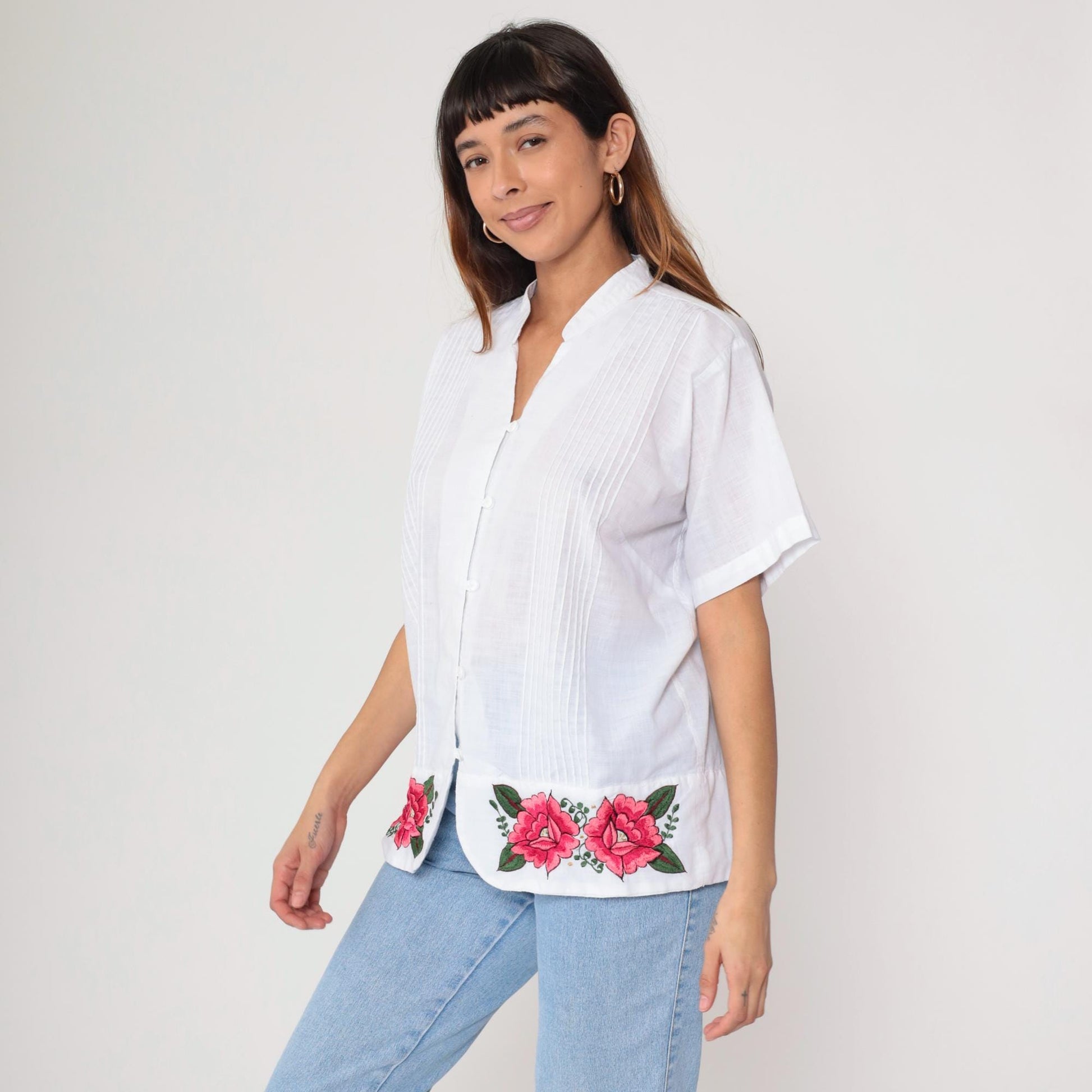 90s White Pink Rose Embroidered Button Down Blouse Mandarin Collar Large L
