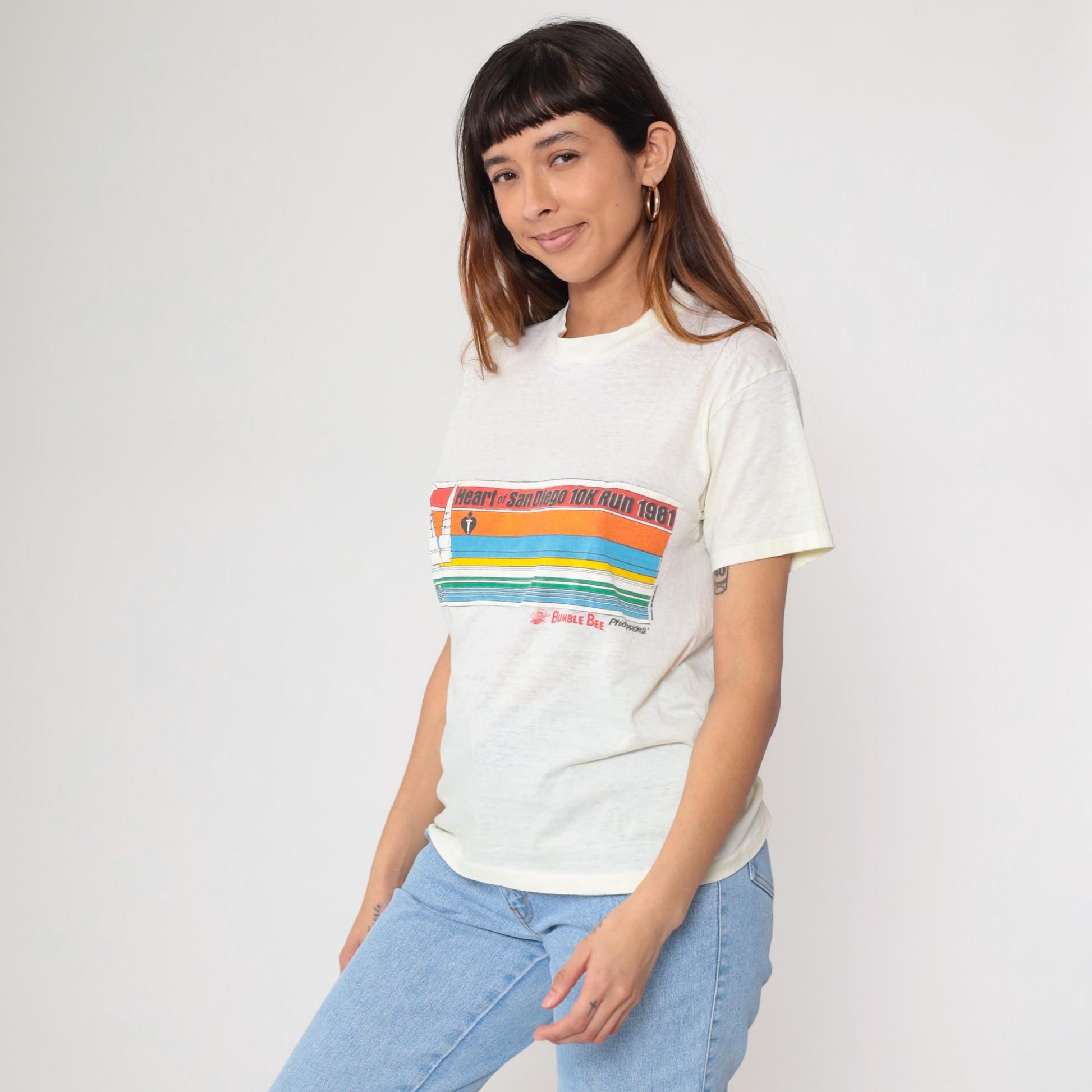 80s San Diego 10K Run Yellow Rainbow Stripe Graphic Tee Large L