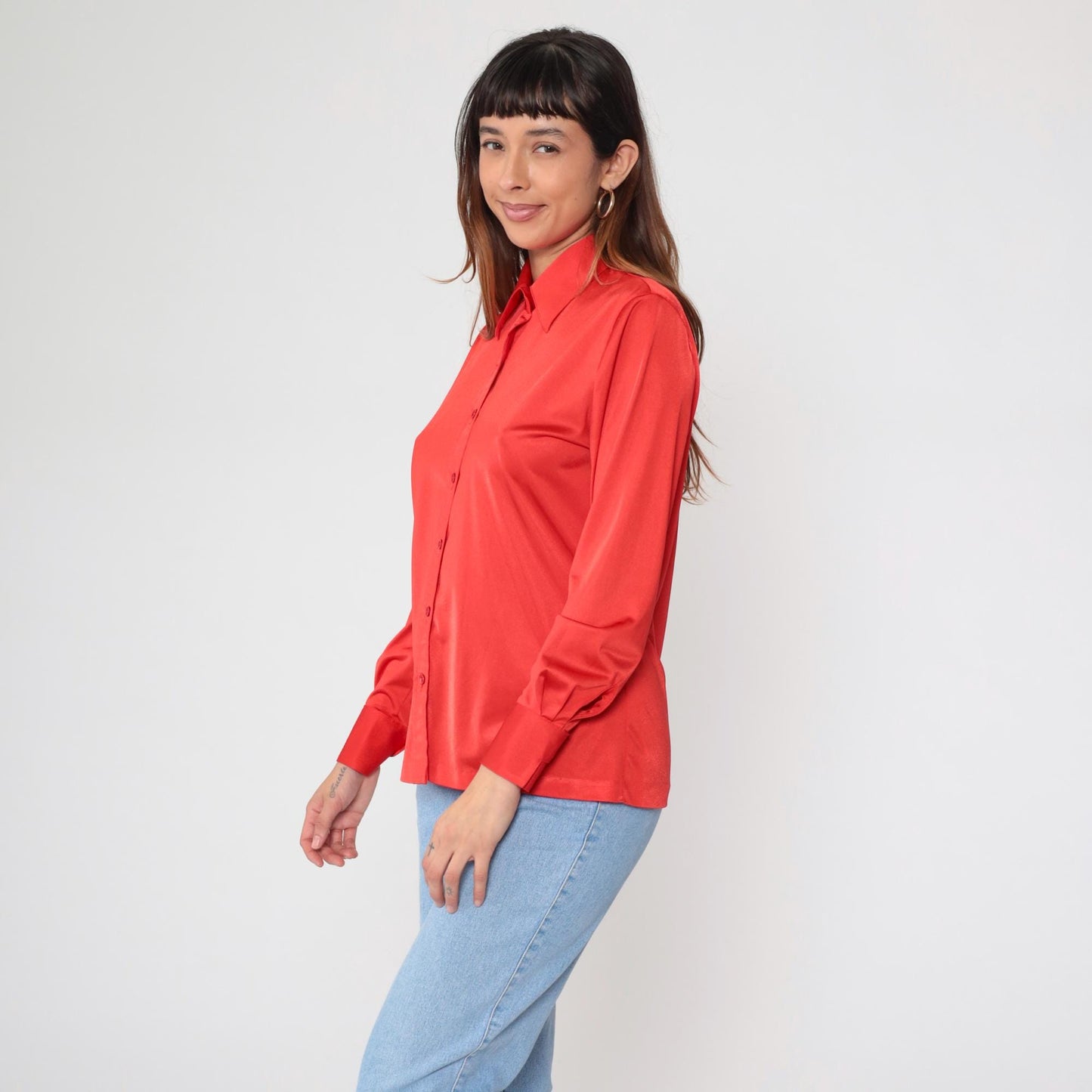 70s Coral Red Polyester Satin Button Up Blouse Pointed Collar Long Sleeve Medium M