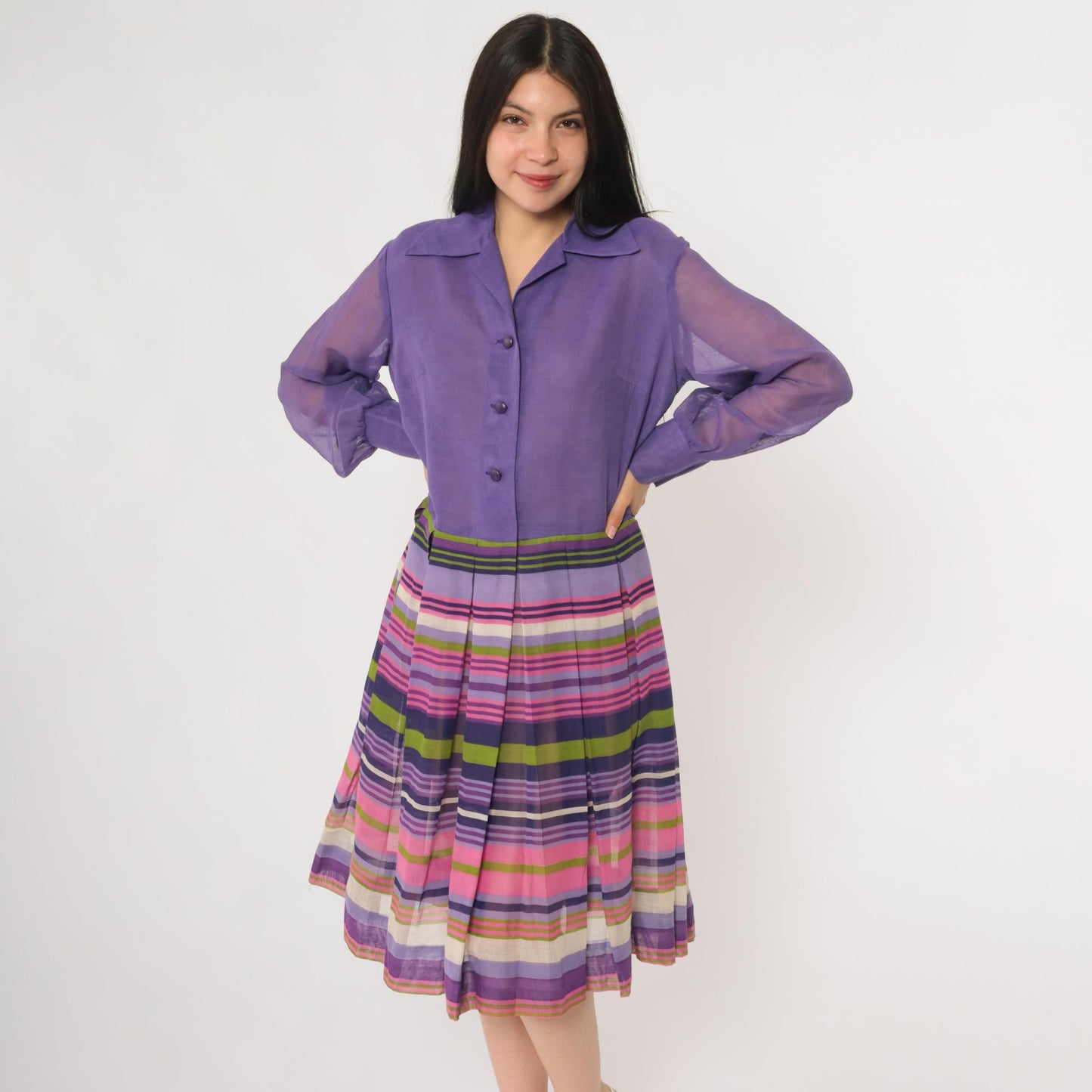 60s Rainbow Stripe Chiffon Midi Dress Button Front Long Sleeve Multicolor Large