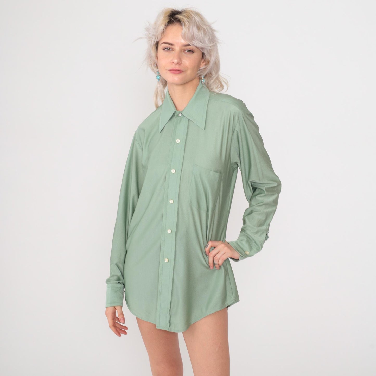 70s Qiana Sage Green Button-Up Shirt Pointed Collar Long Sleeve Large