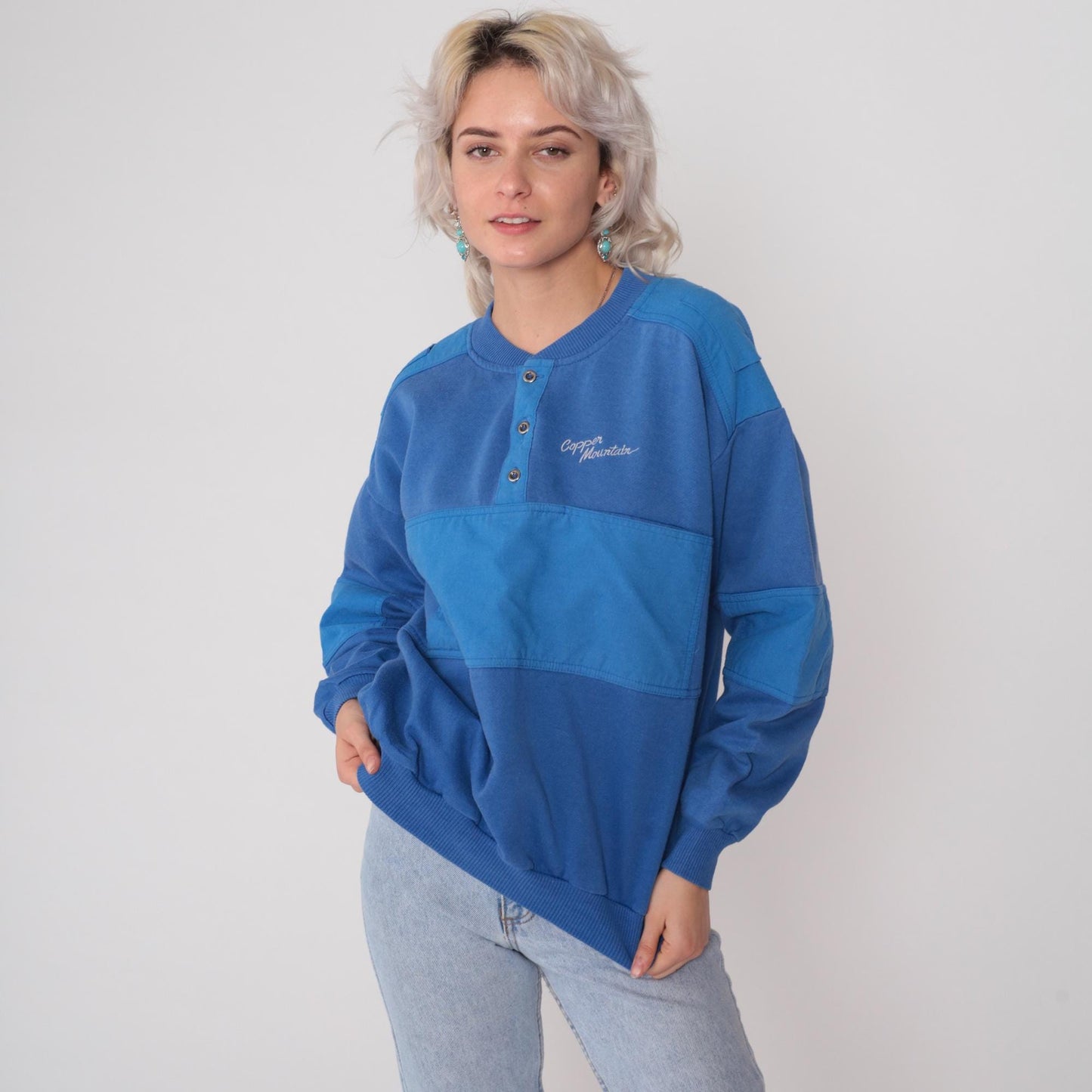 80s Copper Mountain Ski Henley Sweatshirt Blue Color Block Large L