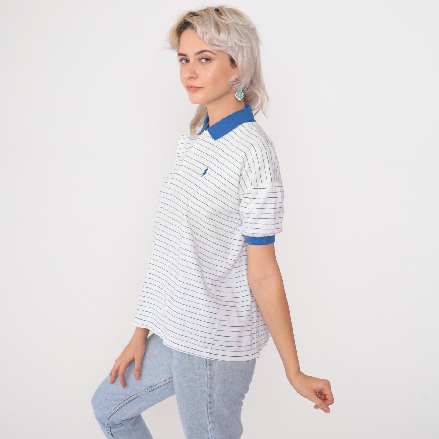 90s Polo Ralph Lauren Striped Polo Shirt White Blue Short Sleeve Extra Small