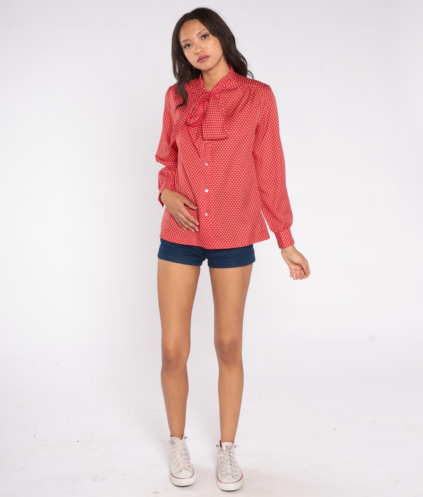 80s Lee Mar of California Red Polka Dot Pussy Bow Blouse Medium
