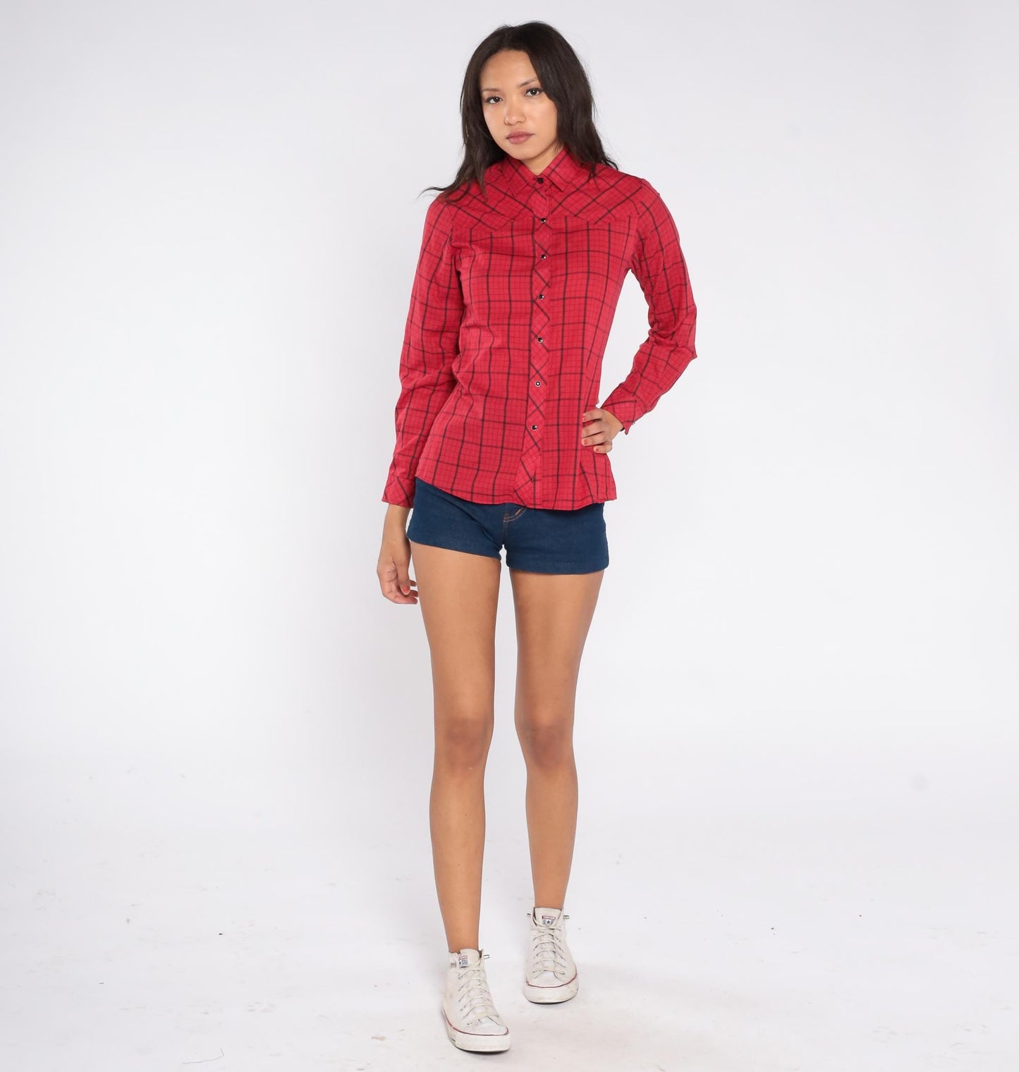80s Cameo Rose Red Black Plaid Pearl Snap Western Shirt Small