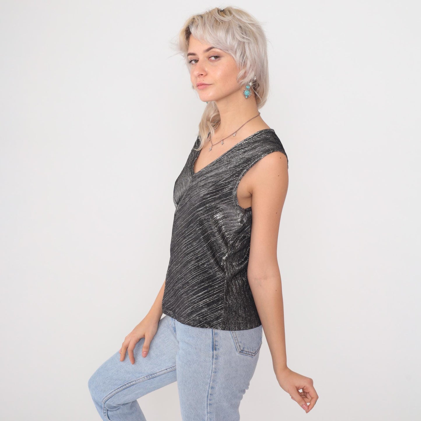 90s David Benjamin Silver Metallic Chevron Tank Top Black V-Neck Small S