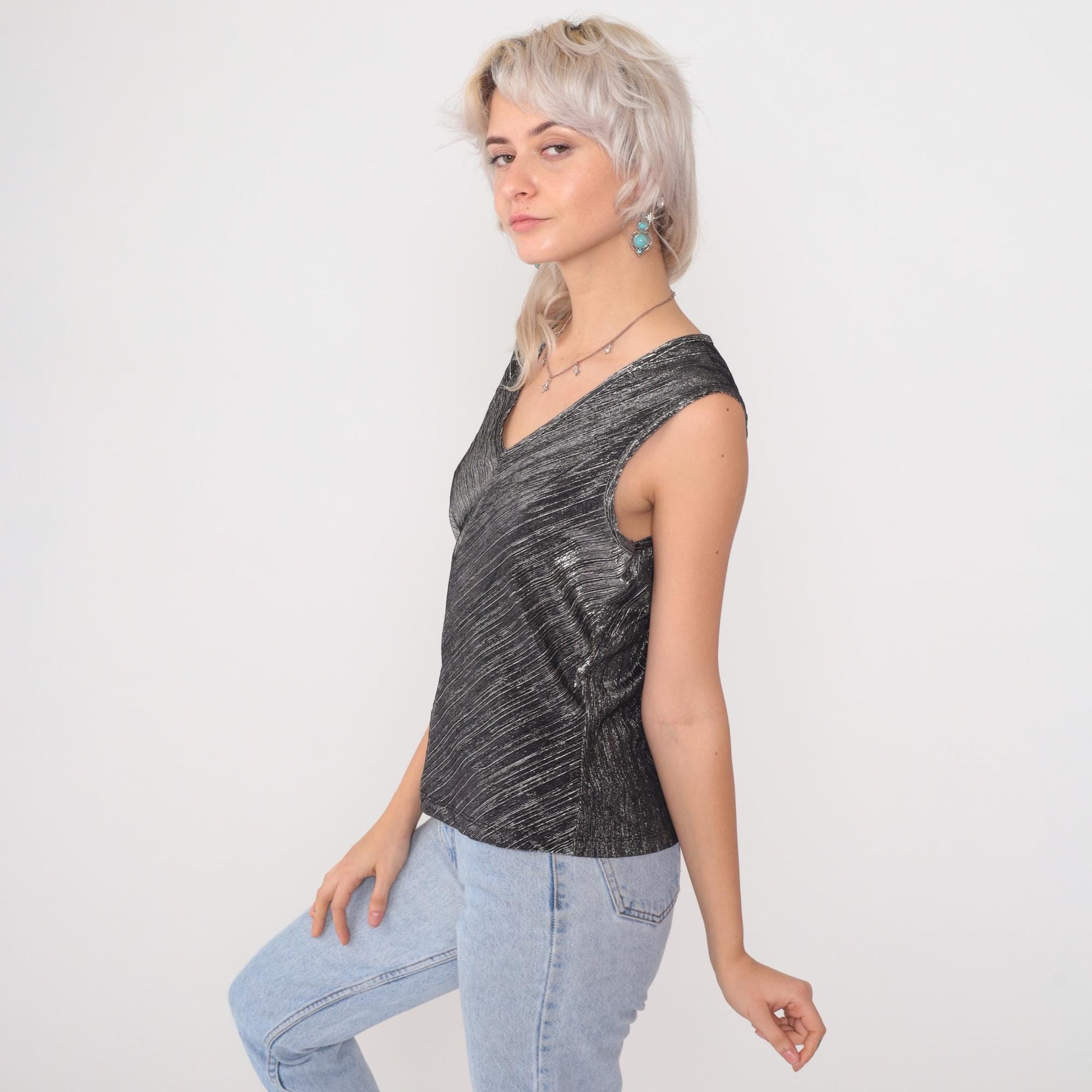 90s David Benjamin Silver Metallic Chevron Tank Top Black V-Neck Small S