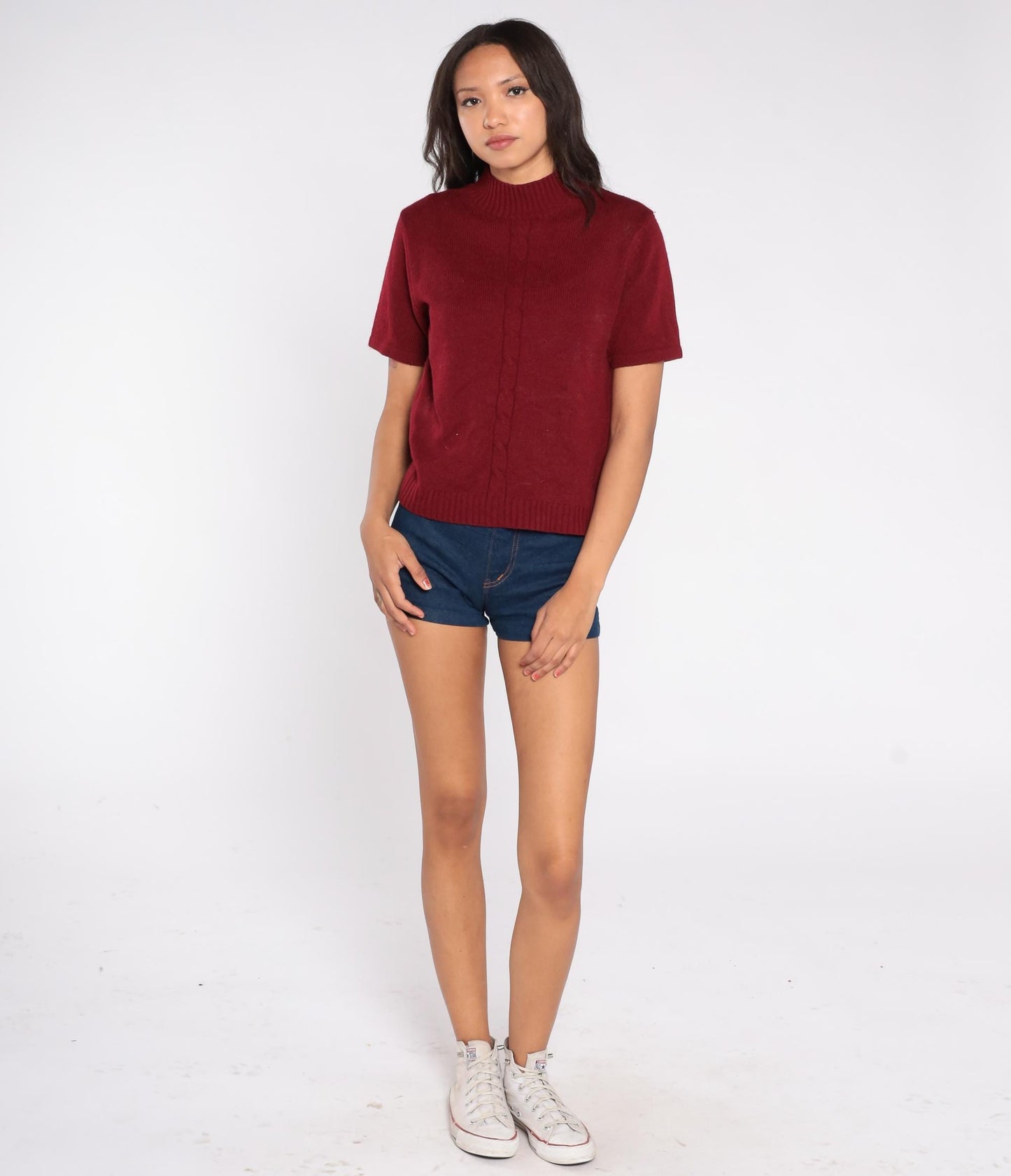 80s Joan Leslie Burgundy Mock Neck Ribbed Knit Top Short Sleeve Large L