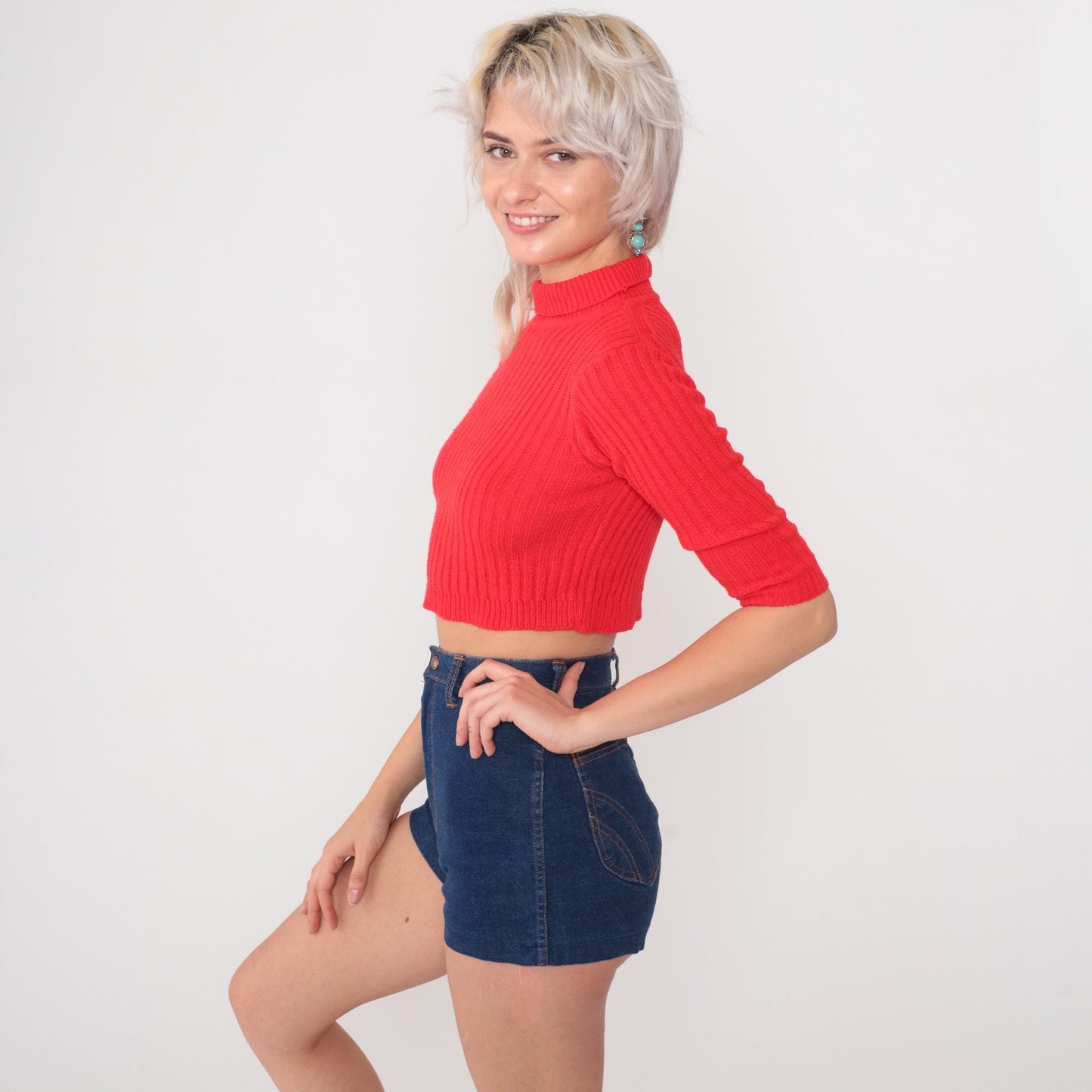 70s Red Ribbed Knit Crop Sweater Mock Neck Three Quarter Sleeve Small