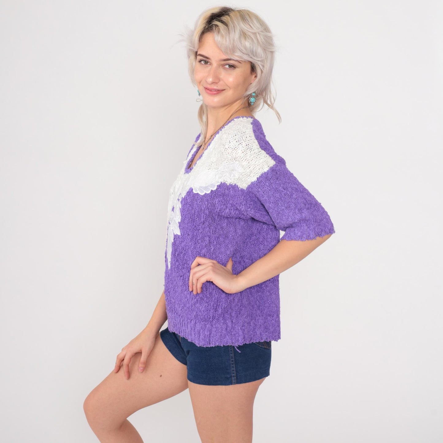 80s Purple Cream Color Block Sweater Leaf Appliqué V-Neck Small S