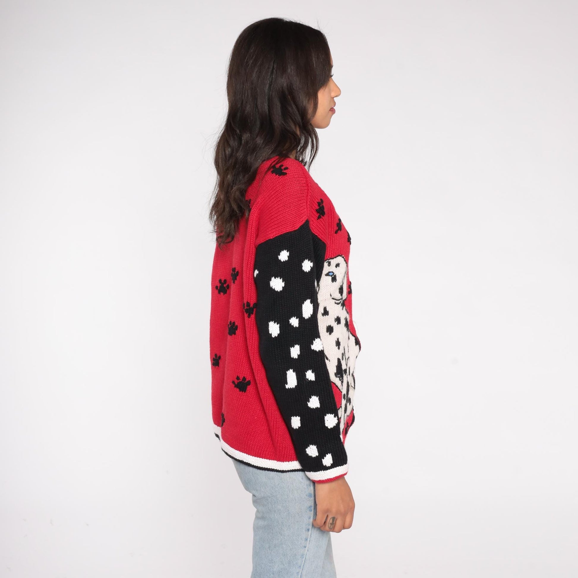 90s Storybook Knits Dalmatian Cardigan Black Red White Bone Buttons Small