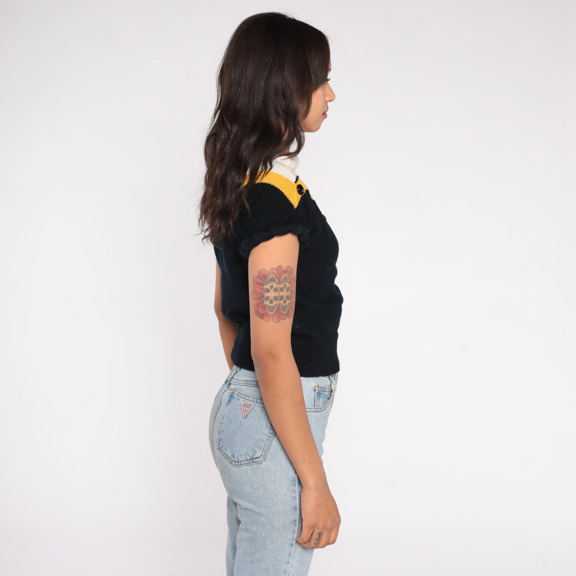 80s Lorna Adams Colorblock Knit Top Rope Collar Black Gold White Small