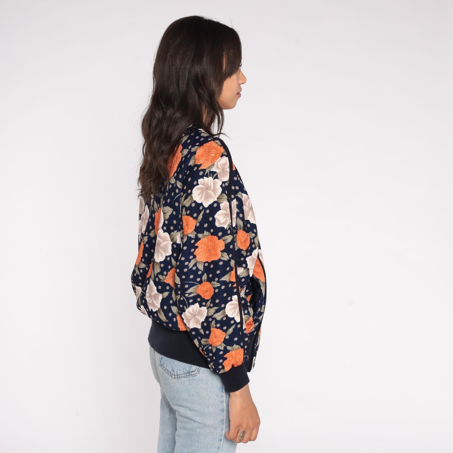 90s Navy Floral Bomber Cardigan Puff Sleeve Button Front Large L