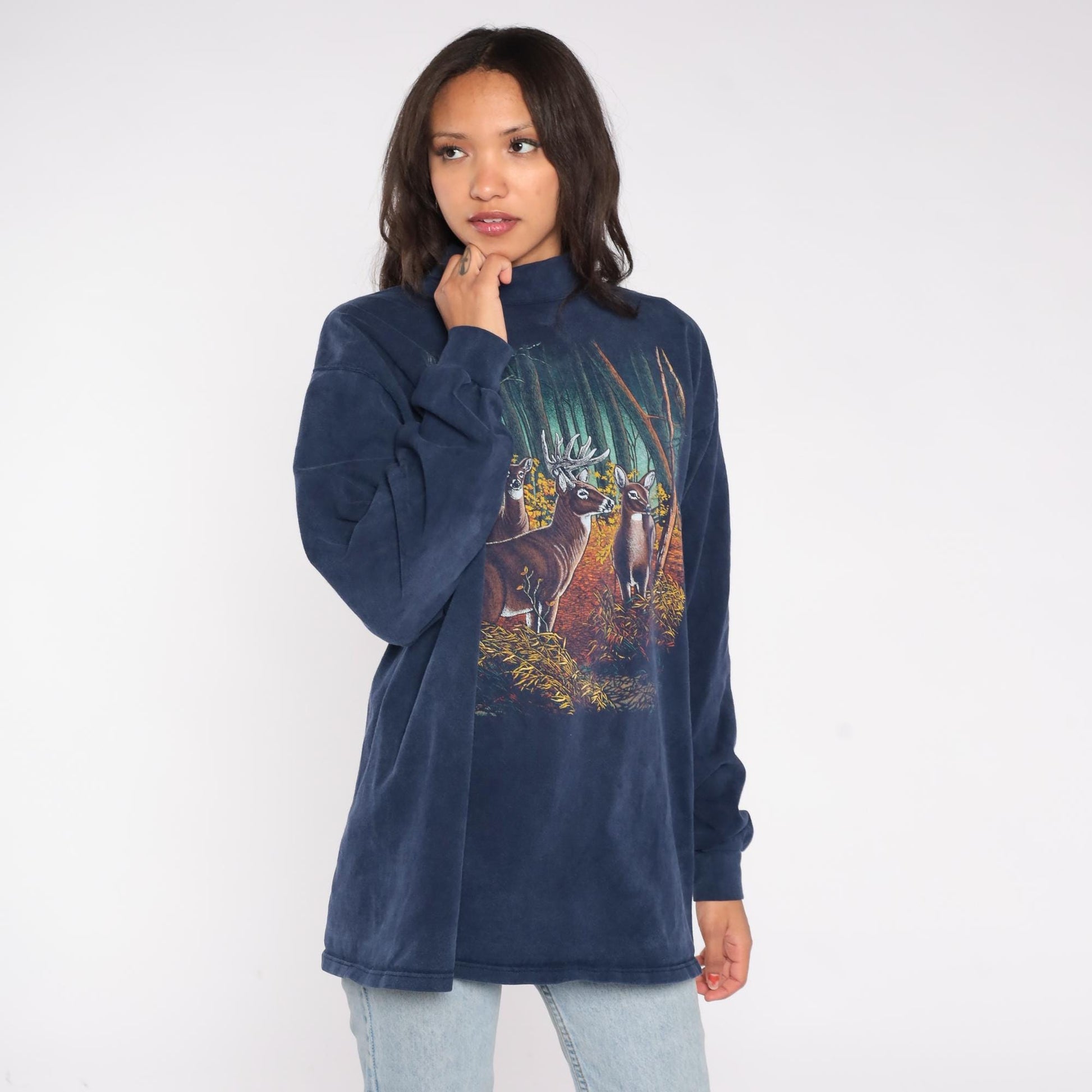 90s Navy Mock Neck Deer Wildlife Sweatshirt Forest Buck Graphic Large L
