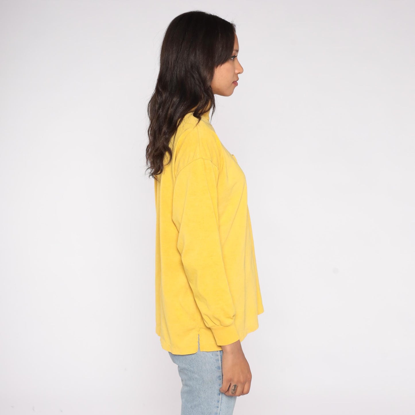 90s Cristina Yellow Mock Turtleneck Chest Pocket Boxy Long Sleeve Large L