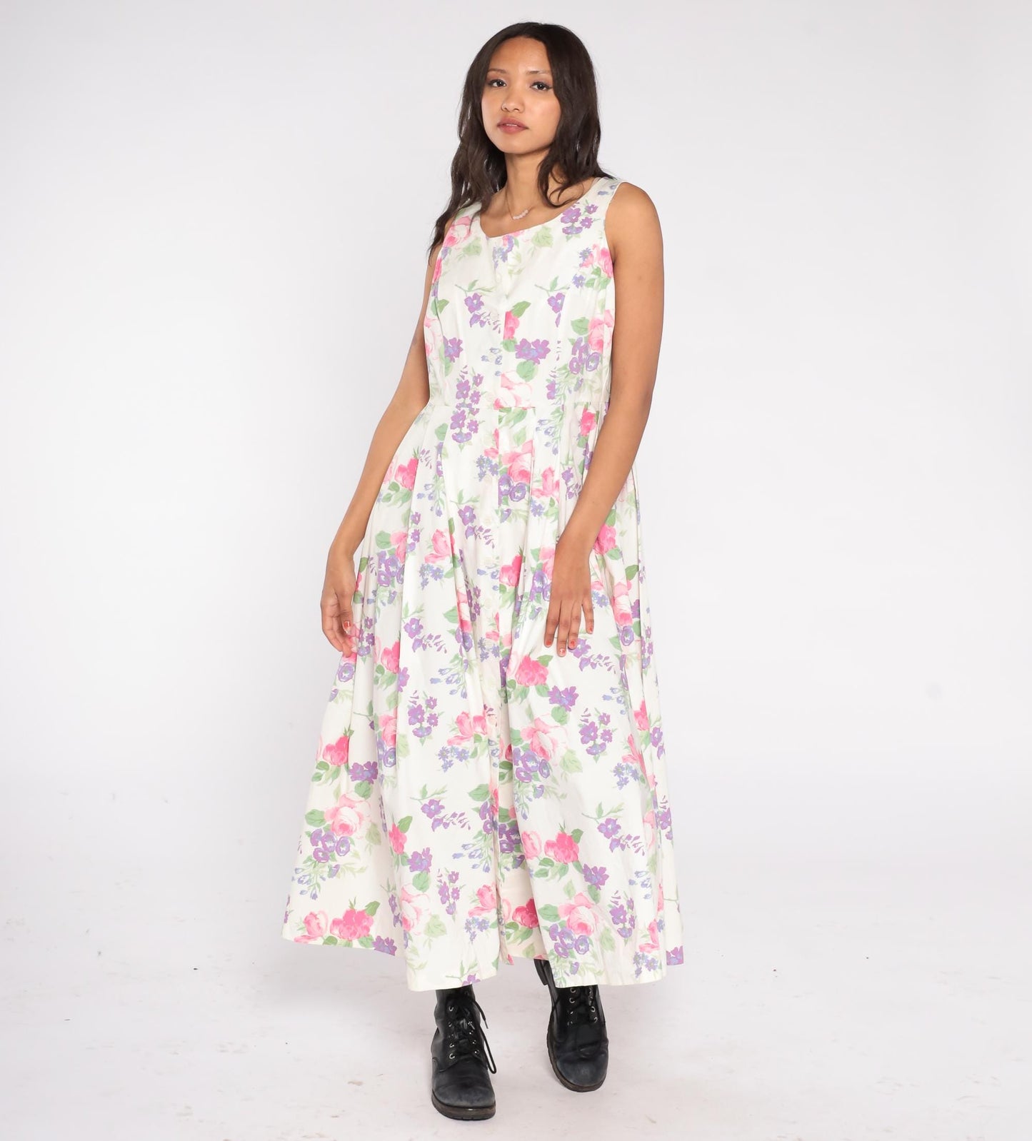 90s Chadwick's Floral Maxi Dress Button Front Cotton Scoop Neck White Pink Purple Large L