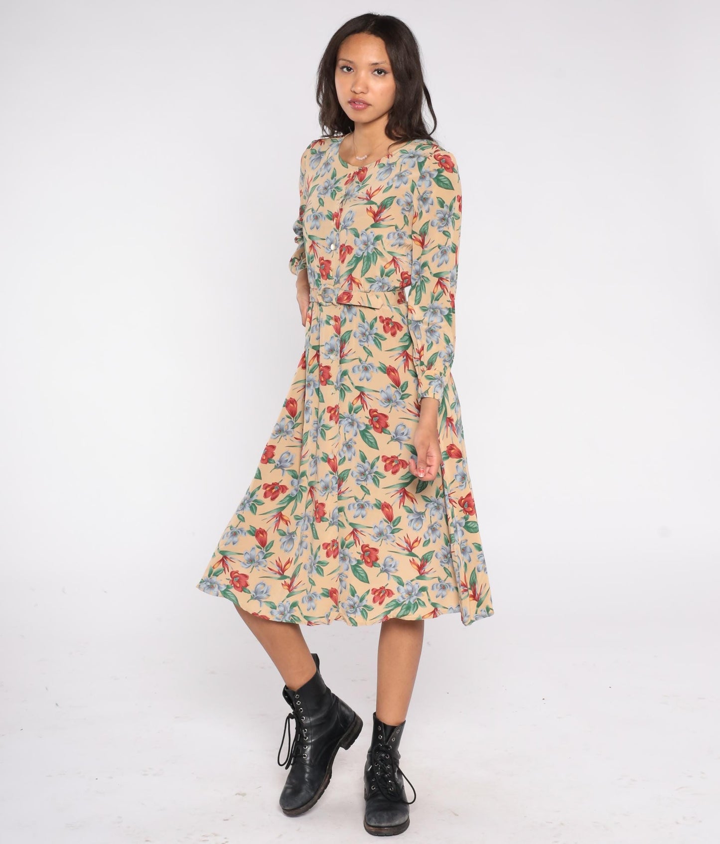 90s Liz Claiborne Floral Midi Dress Beige Rayon Button Front Belted Small