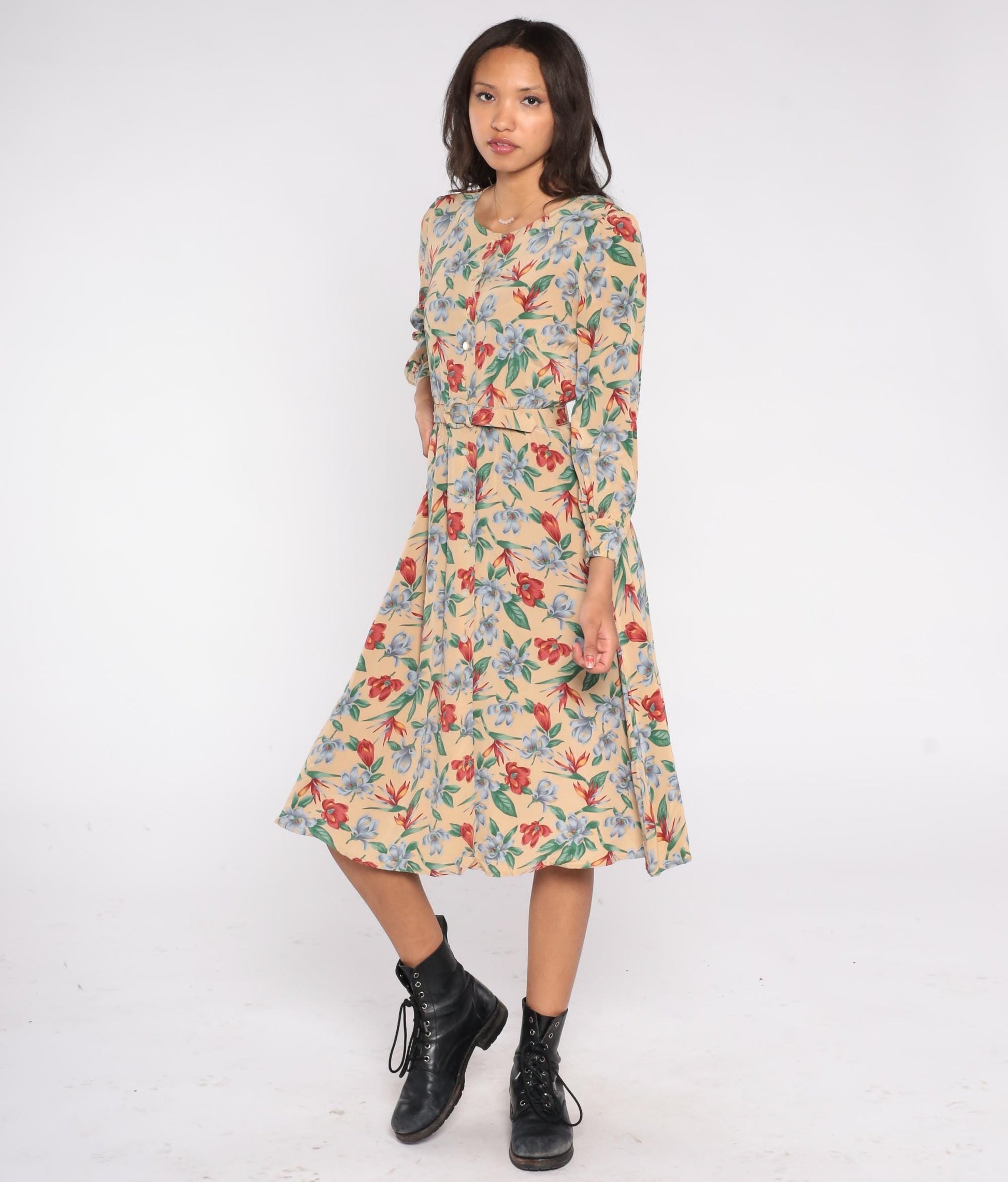 90s Liz Claiborne Floral Midi Dress Beige Rayon Button Front Belted Small