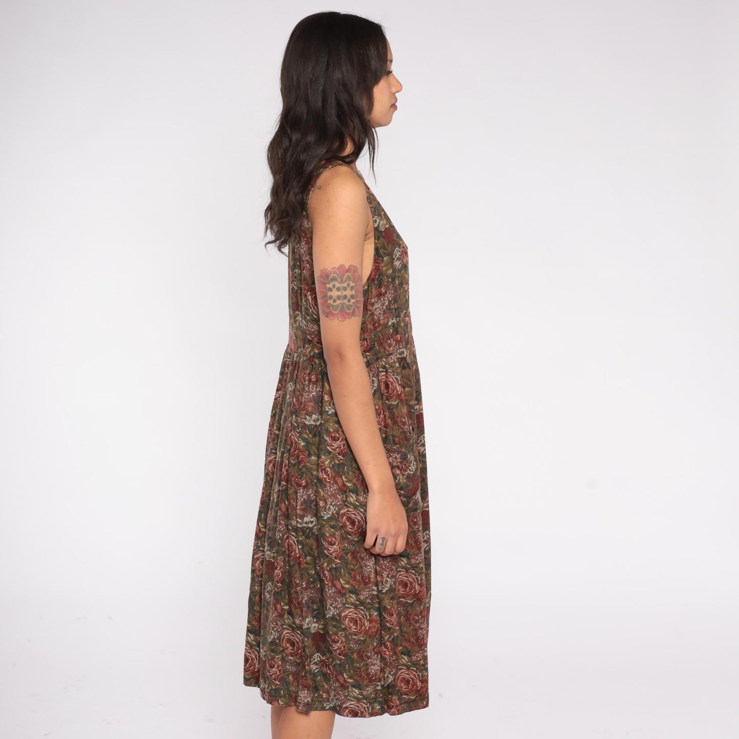 90s Floral Midi Dress Deep V Neck Fit and Flare Brown Green Rose Print Pockets Medium M