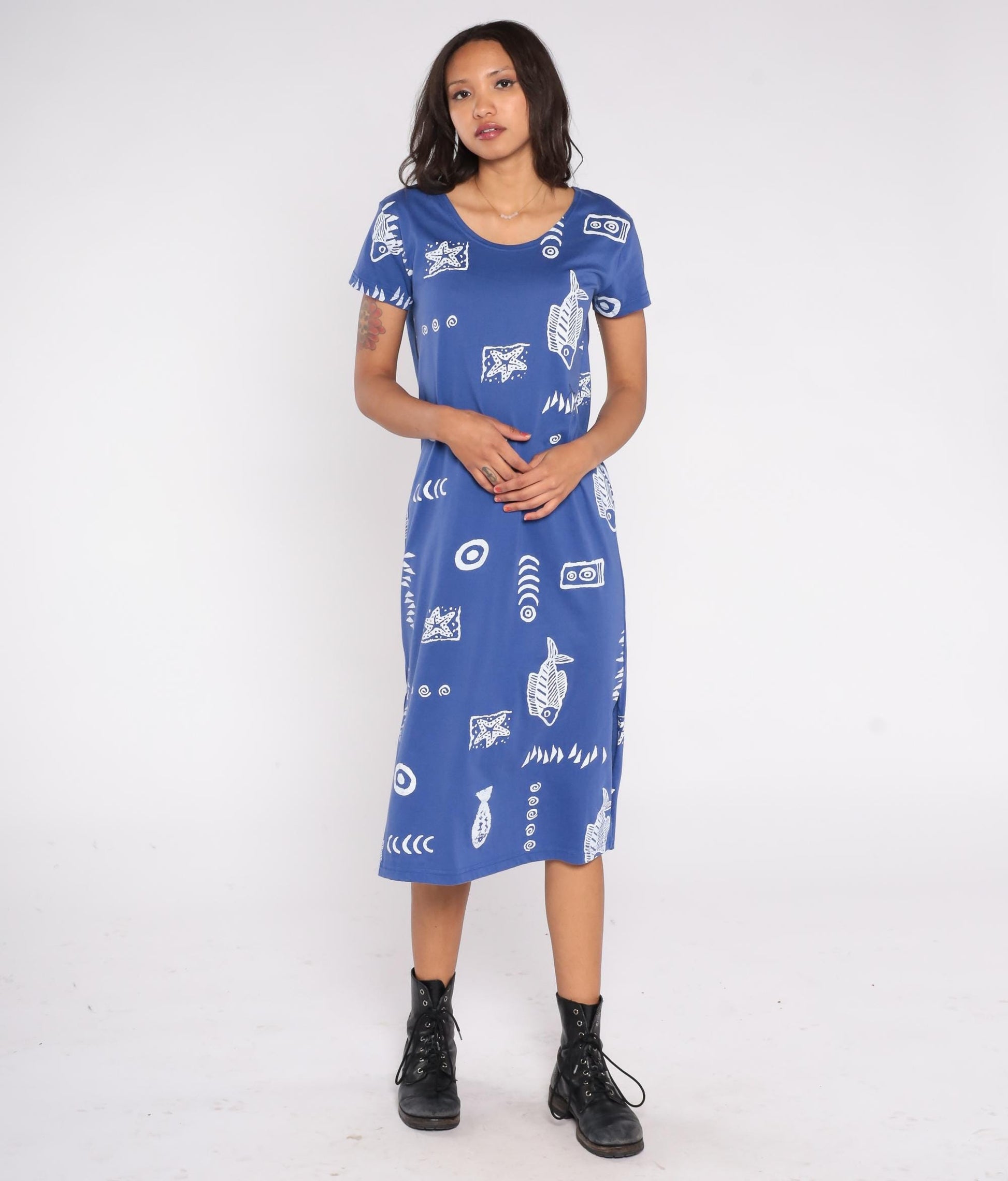 90s Exist Sport Line Blue Fish Print Midi Dress Scoop Neck Short Sleeve Small