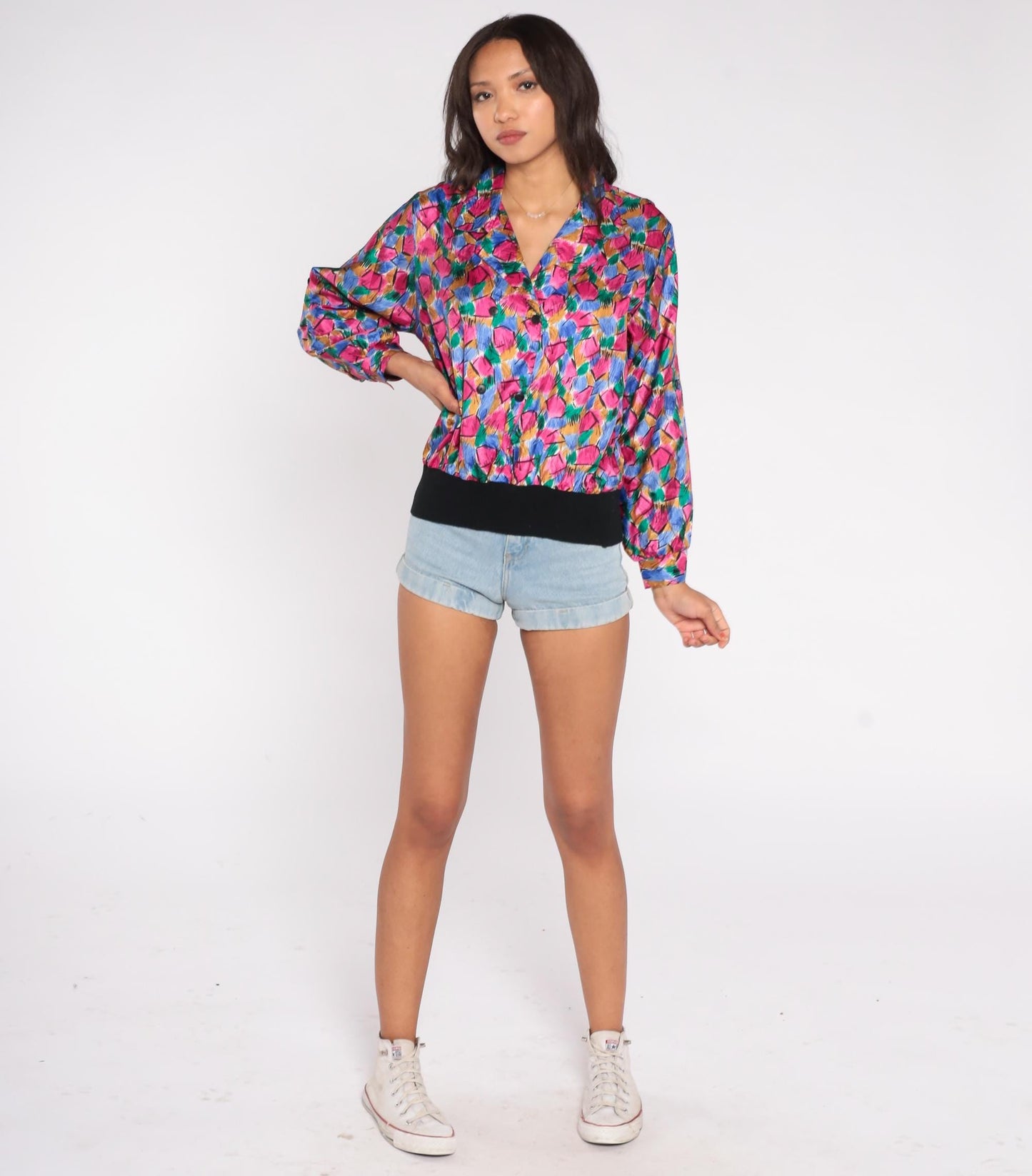 80s Petite Notations Geometric Abstract Blouse Hot Pink Blue Green Gold Black Medium