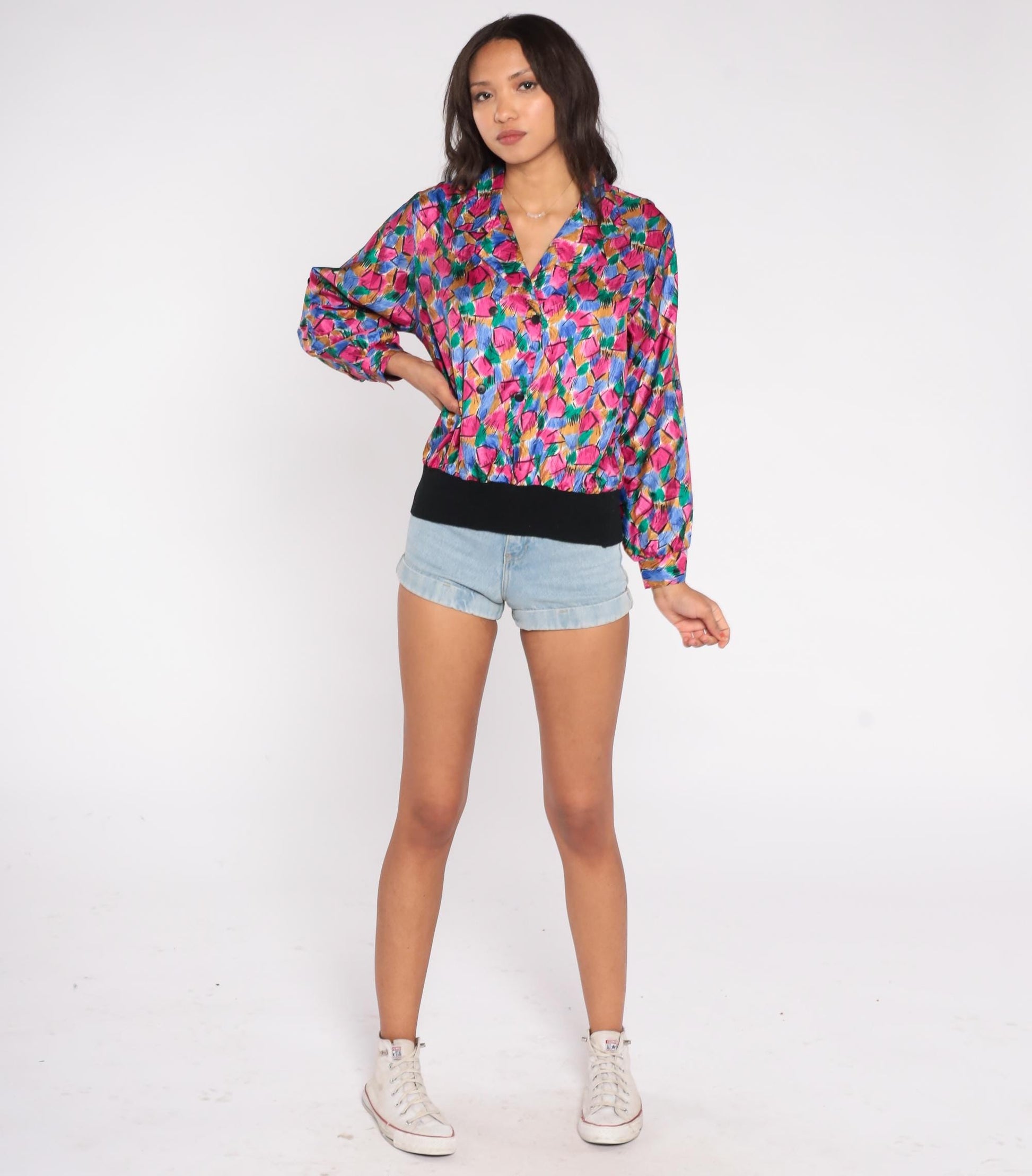 80s Petite Notations Geometric Abstract Blouse Hot Pink Blue Green Gold Black Medium
