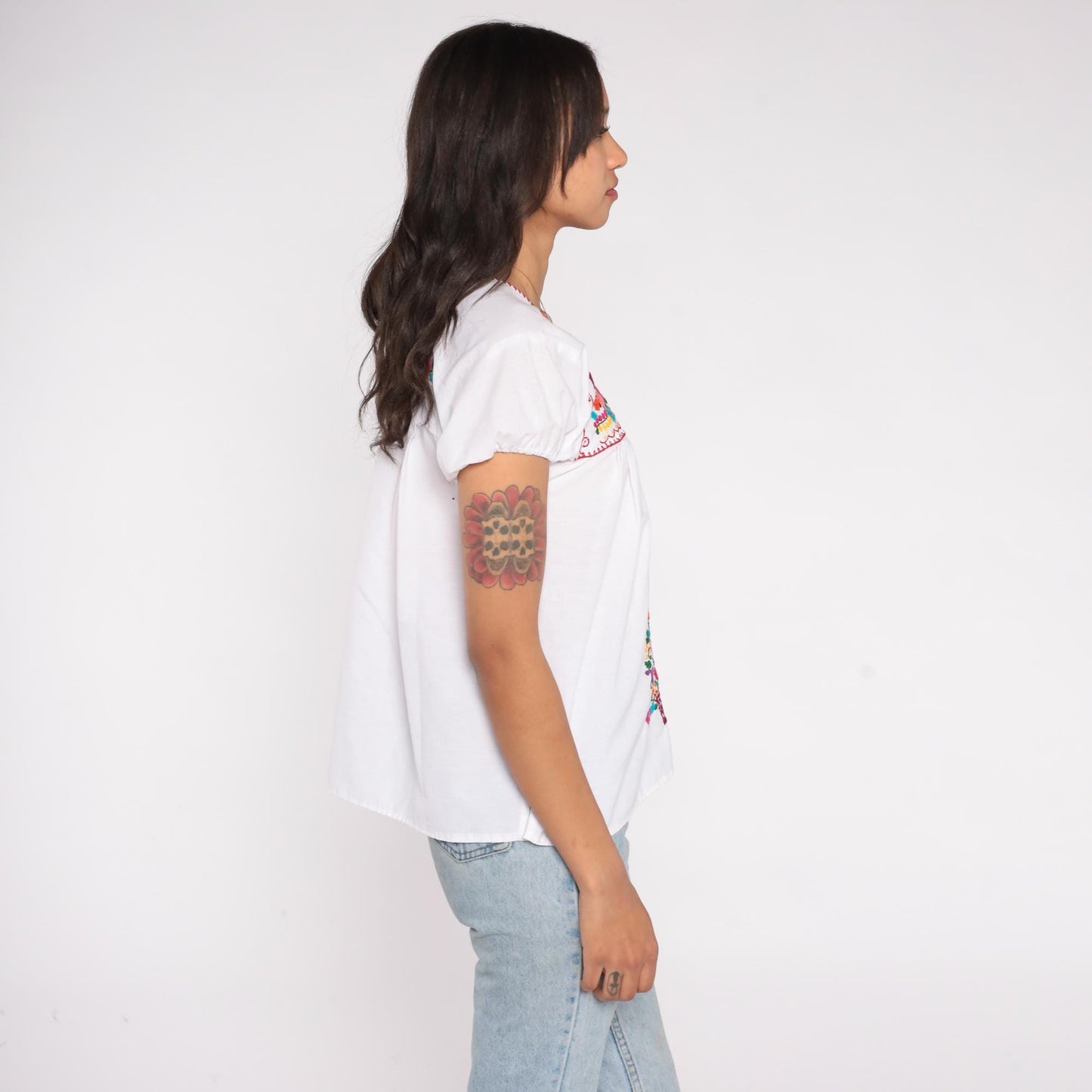 90s Mexican Embroidered White Cotton Blouse Floral Puff Sleeve Small
