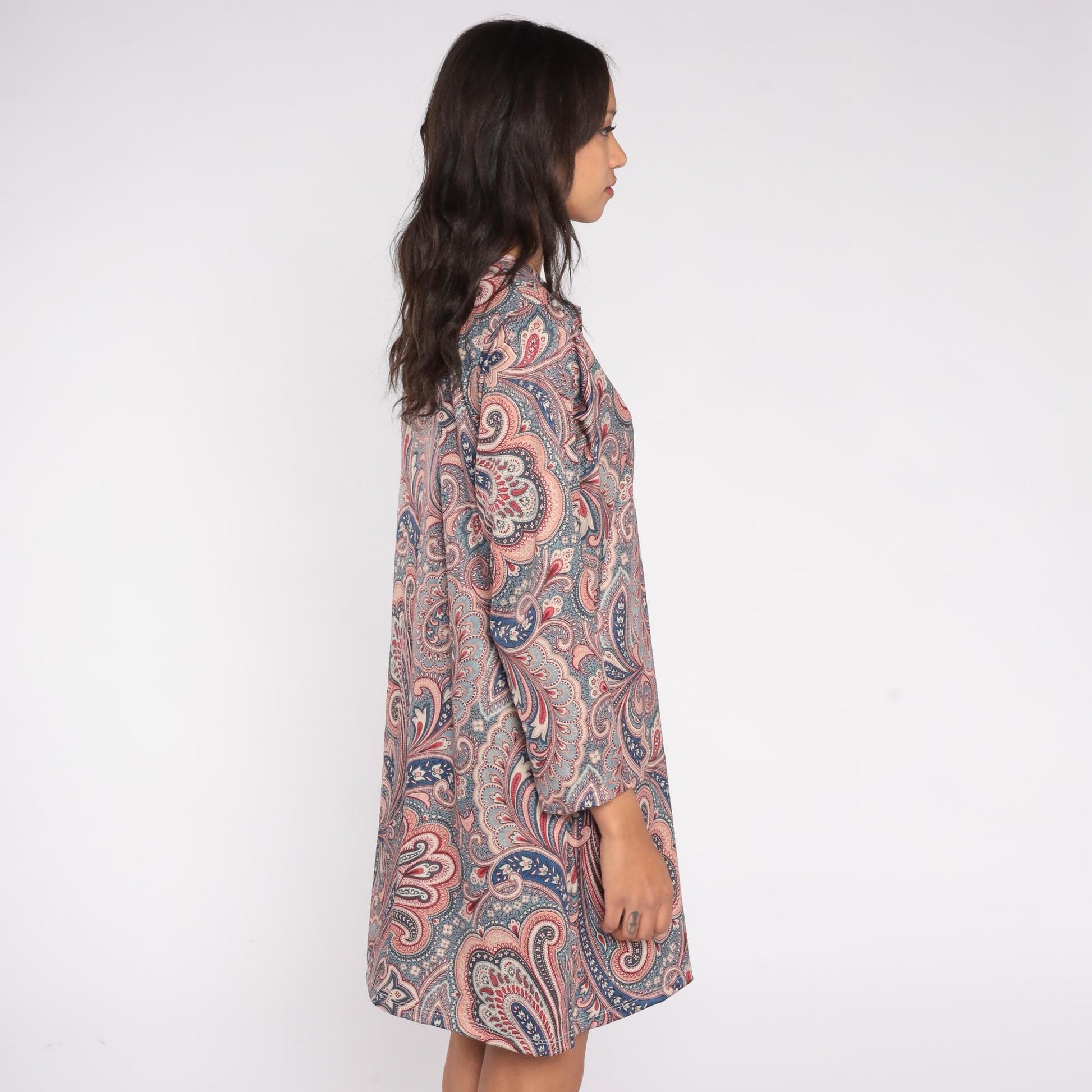 80s Paisley Mini Dress Blue Pink V-Neck Long Sleeve Zip Shift Large L