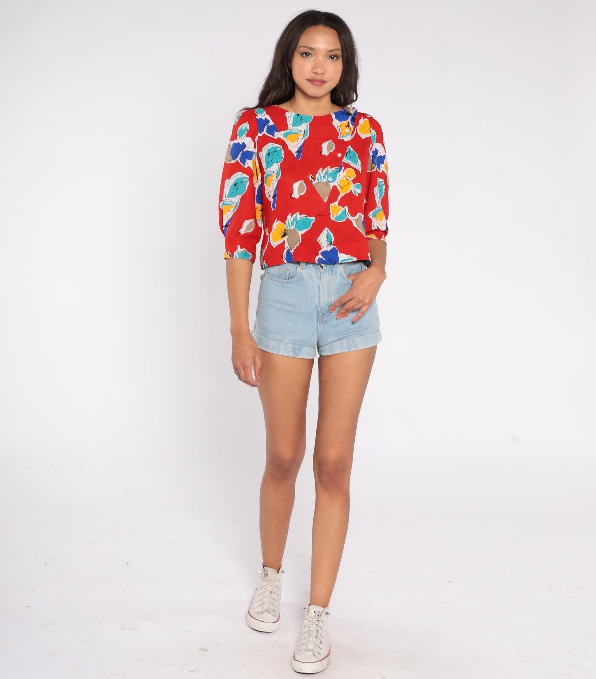 80s Abstract Floral Button Blouse Red Teal Yellow Puff Sleeve Extra Small XS
