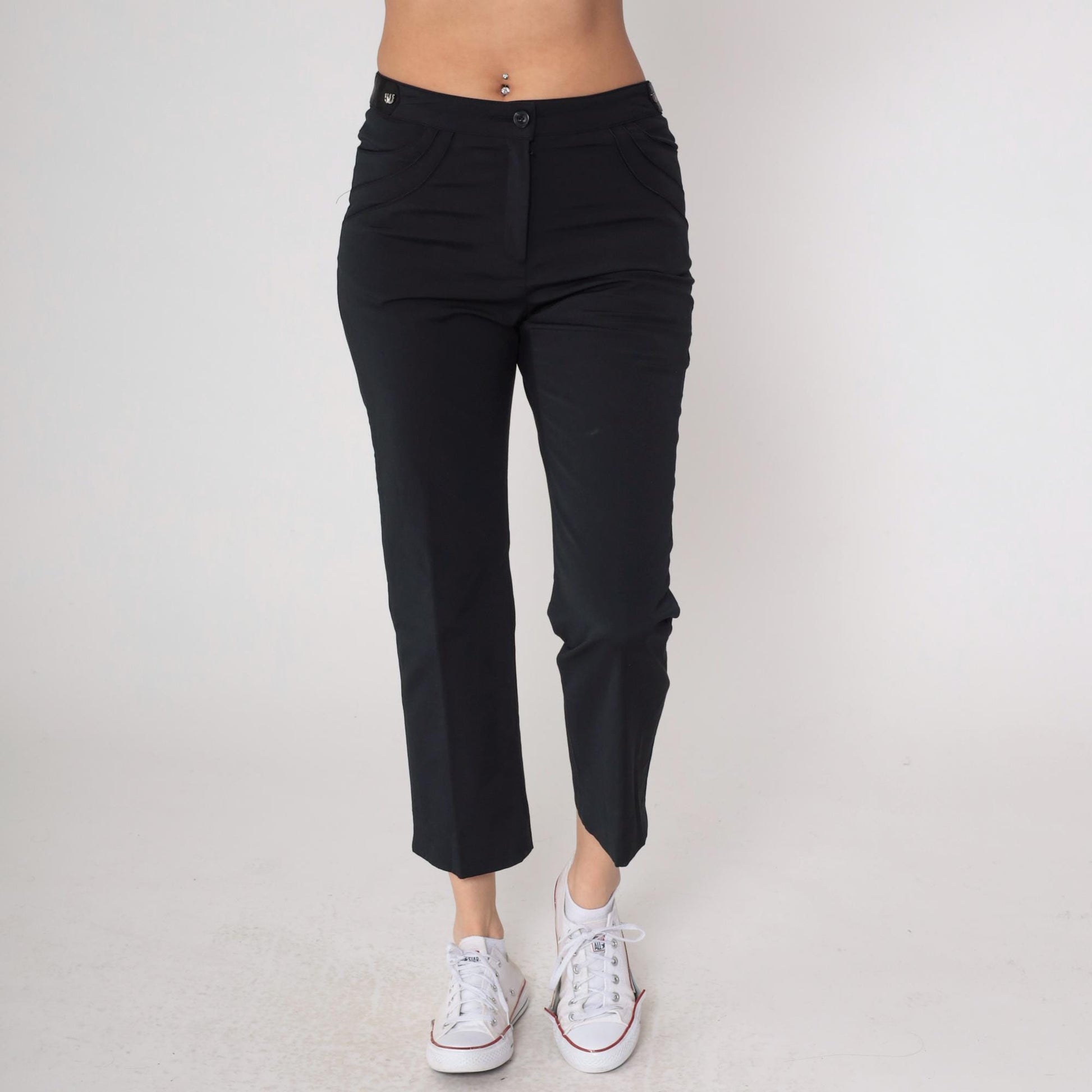 Y2K Black Cropped Trousers Reindeer Patch High Waist Straight Leg Medium M