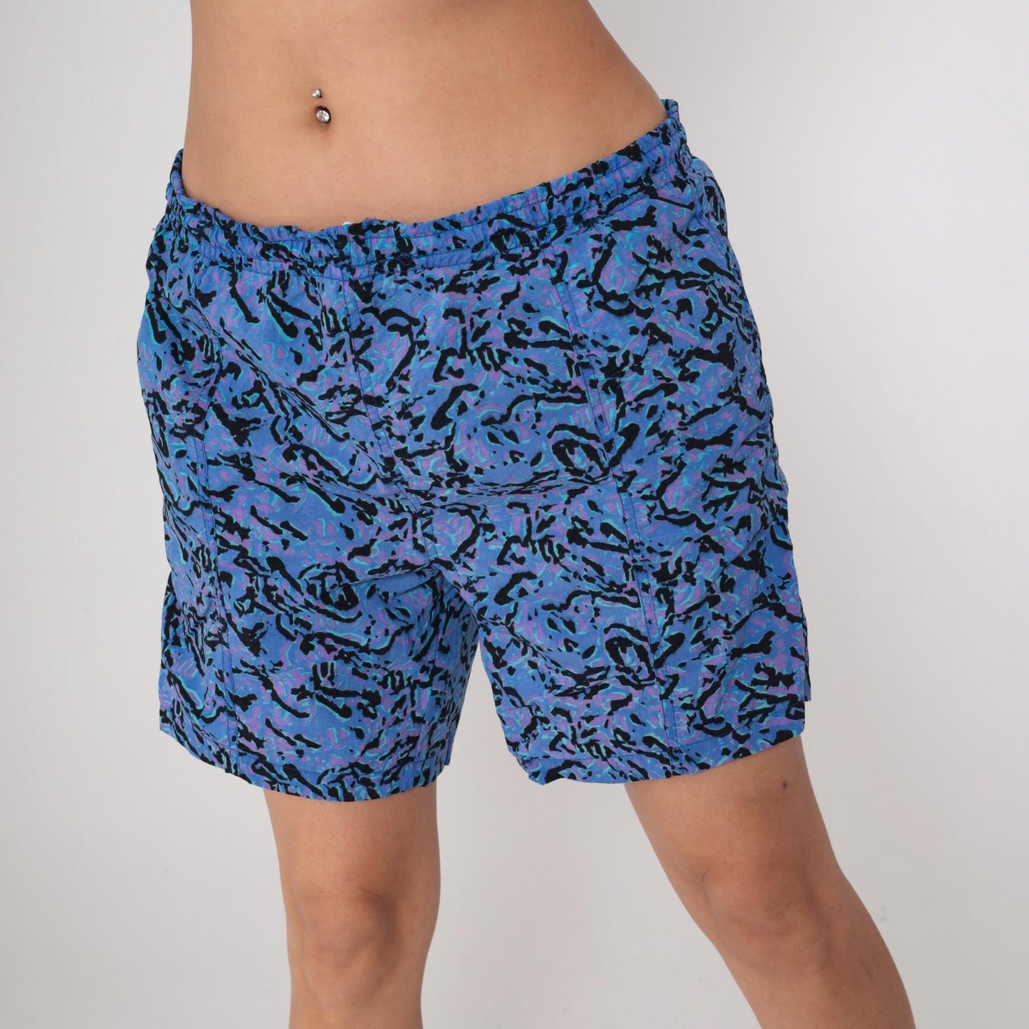90s Athletic Works Abstract Swim Trunks Blue Purple Black Nylon Medium