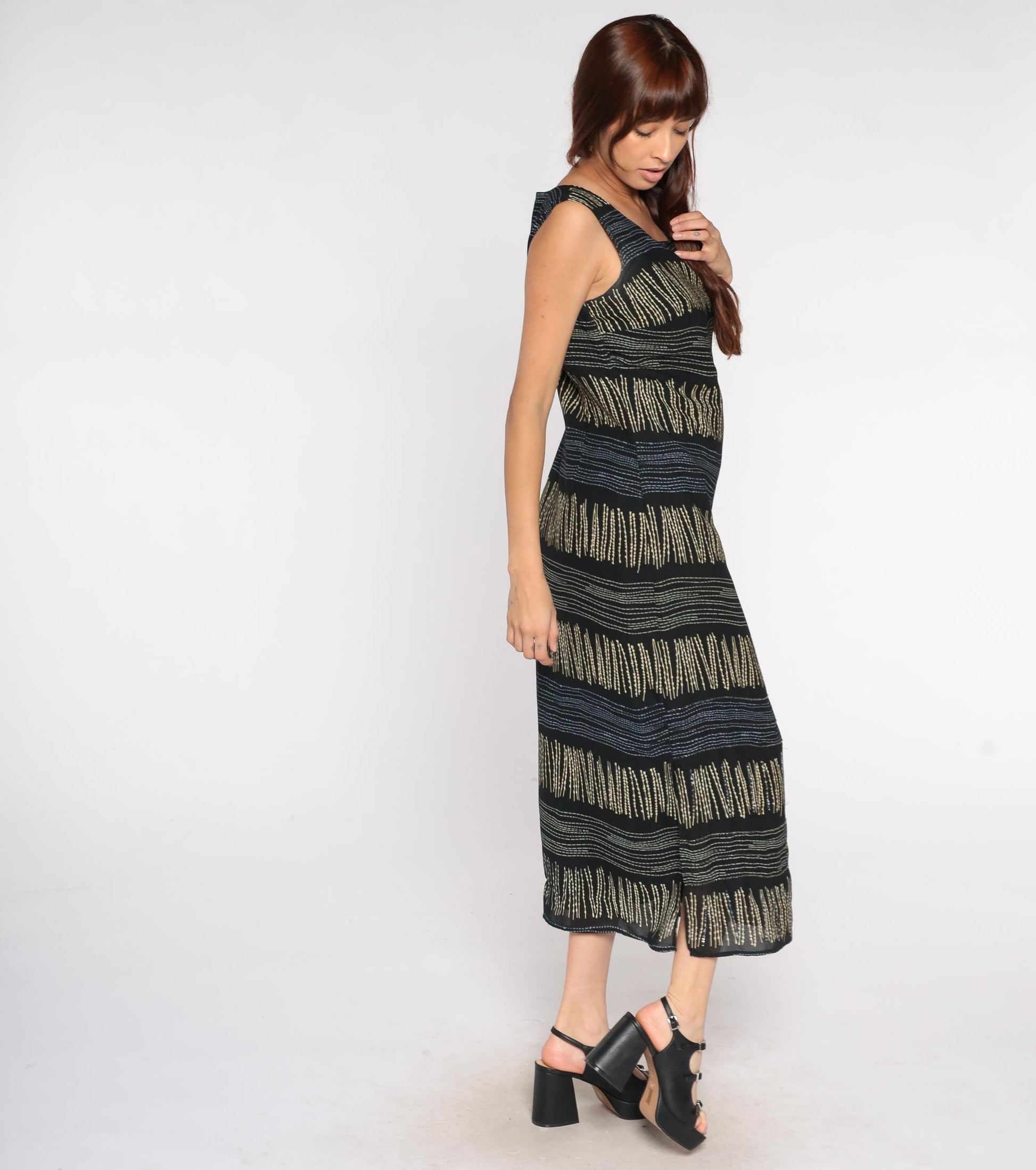 90s Expressions Abstract Stripe Maxi Dress Black Tan Sleeveless Small